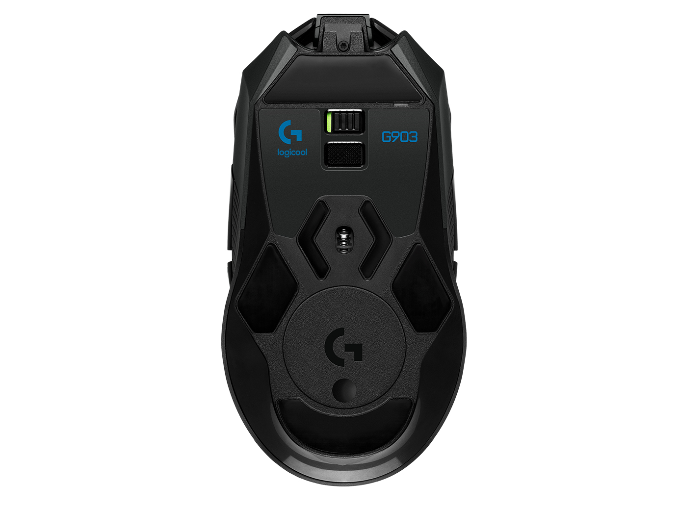 Czarna mysz gamingowa Logitech G903, widok od spodu. Posiada włącznik zasilania, port ładowania i logo Logitech.