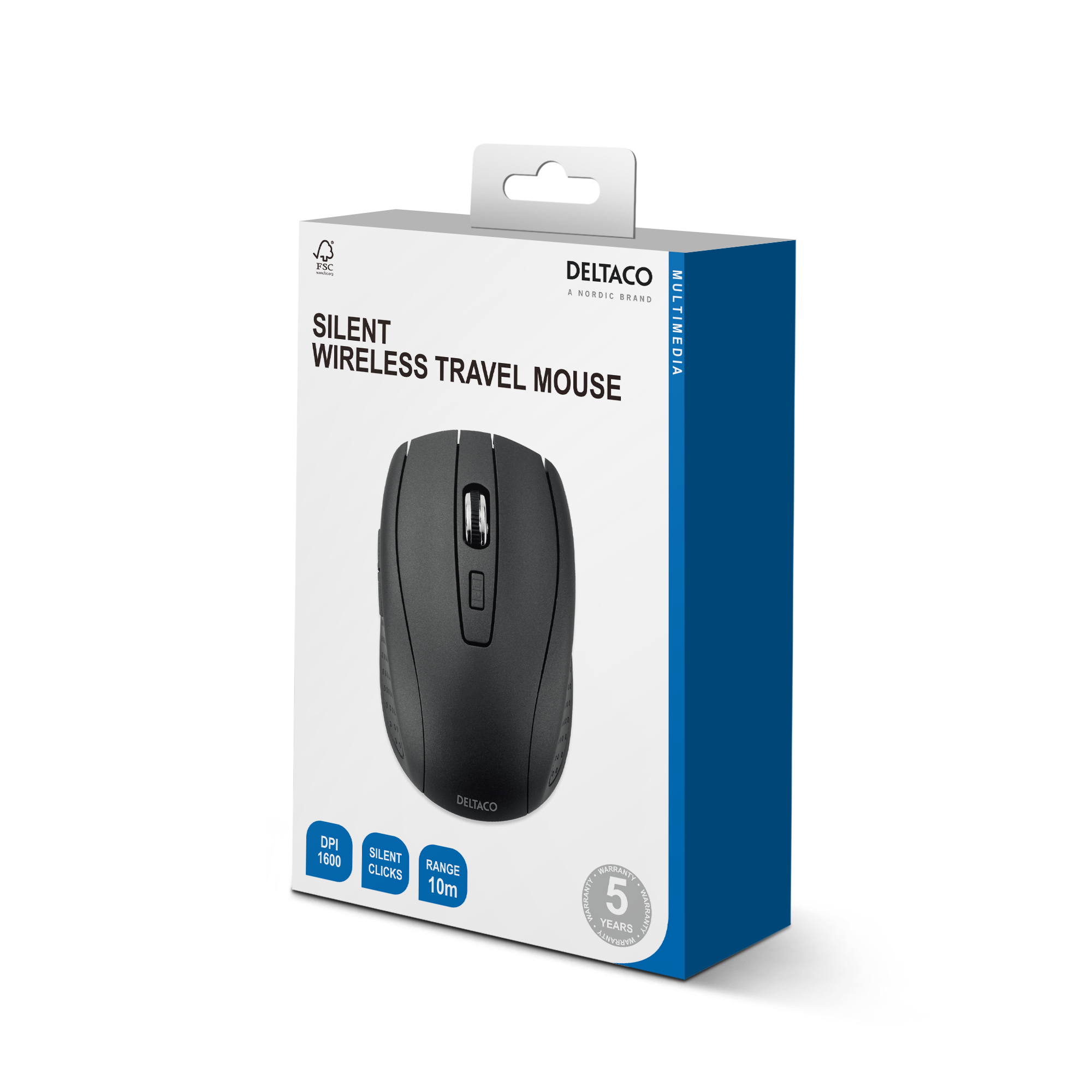 Een zwarte draadloze muis in een witte doos. De doos zegt 'Silent Wireless Travel Mouse' en heeft 'Deltaco'.