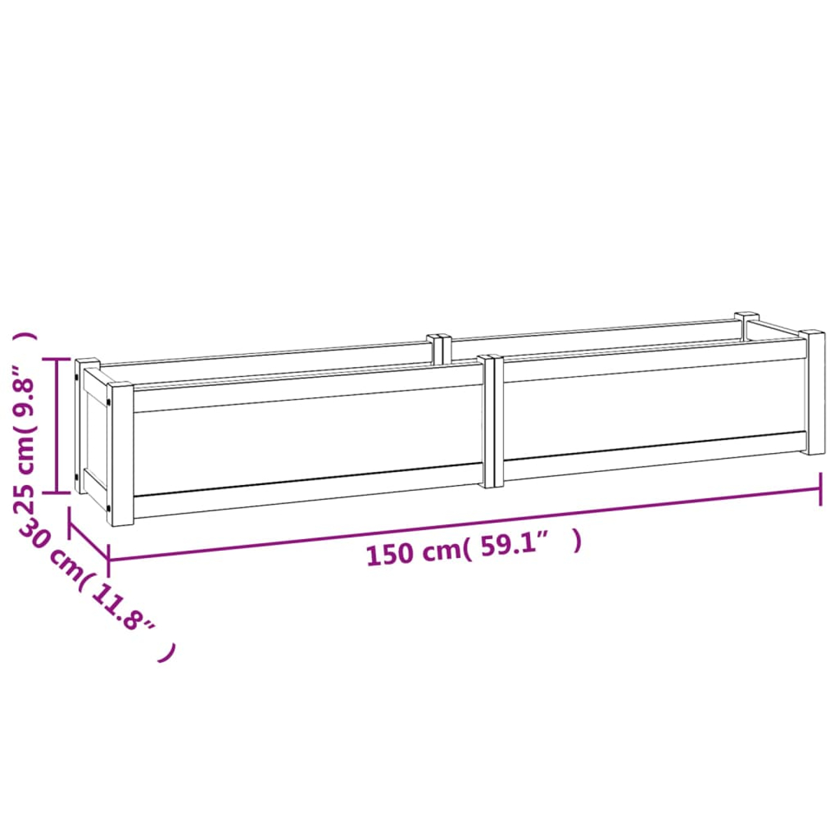 Ein rechteckiger Holzpflanzkasten, 150 cm lang, mit Maßangaben. Er ist weiß mit sichtbaren Holzverbindungen und Konstruktionsdetails.