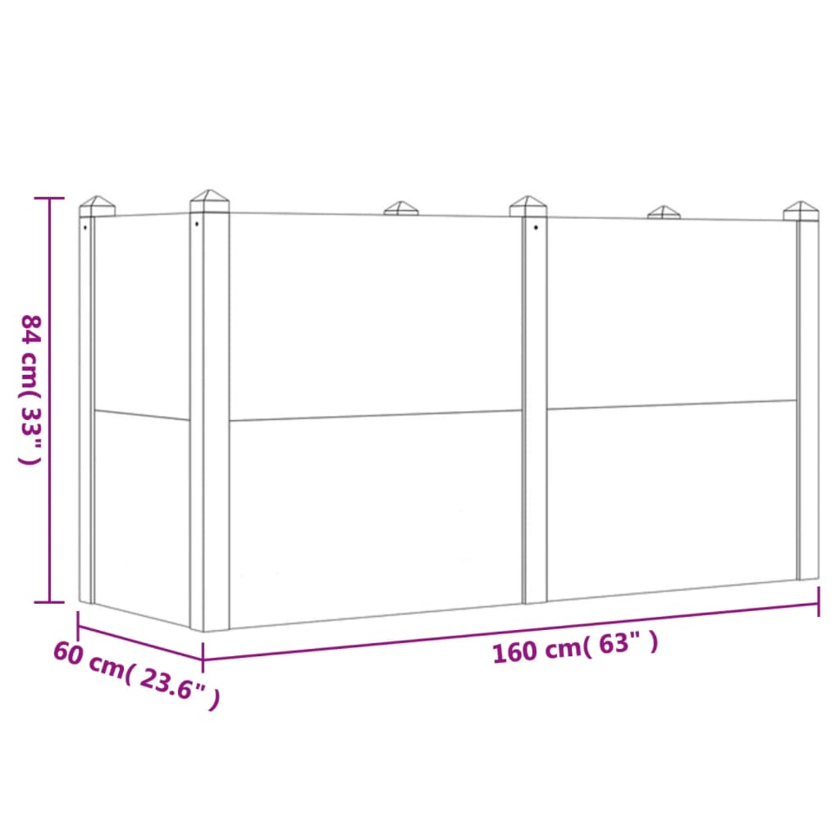 Ein Diagramm zeigt eine rechteckige Holzstruktur mit den Maßen: 160 cm (63") lang, 84 cm (33") hoch und 60 cm (23,6") tief.