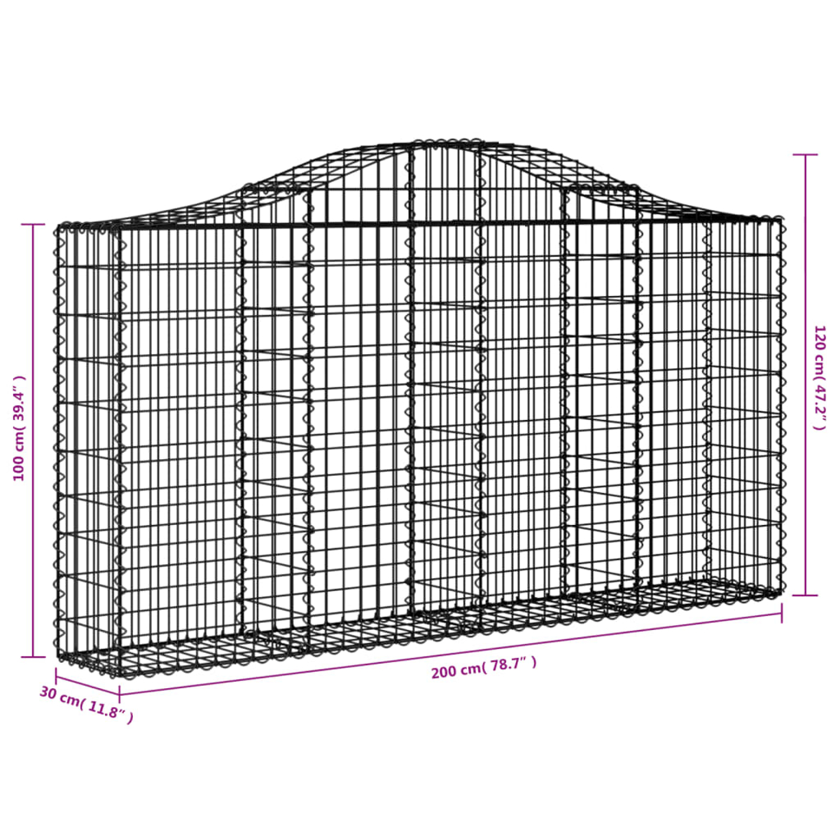 Schwarzer Metall-Gabionenkorb mit Maßangaben. Er ist 200 cm lang, 120 cm hoch und 30 cm breit. Die Oberseite hat ein gebogenes Design.