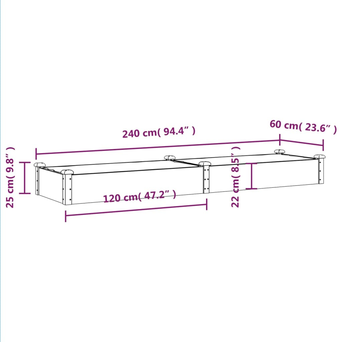 Diagramm eines Bettrahmens mit Maßen: 240 cm lang, 60 cm breit, 25 cm hoch. Abschnitte bezeichnet: 120 cm, 22 cm und 9,8 Zoll.