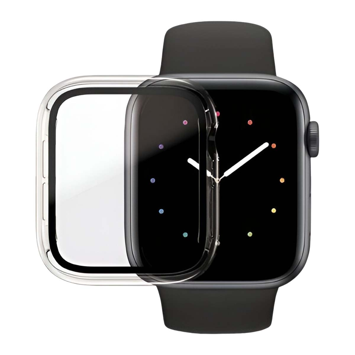 Een Apple Watch met een zwarte band en schermbeschermer. De wijzerplaat is zwart met kleurrijke stippen en witte wijzers.