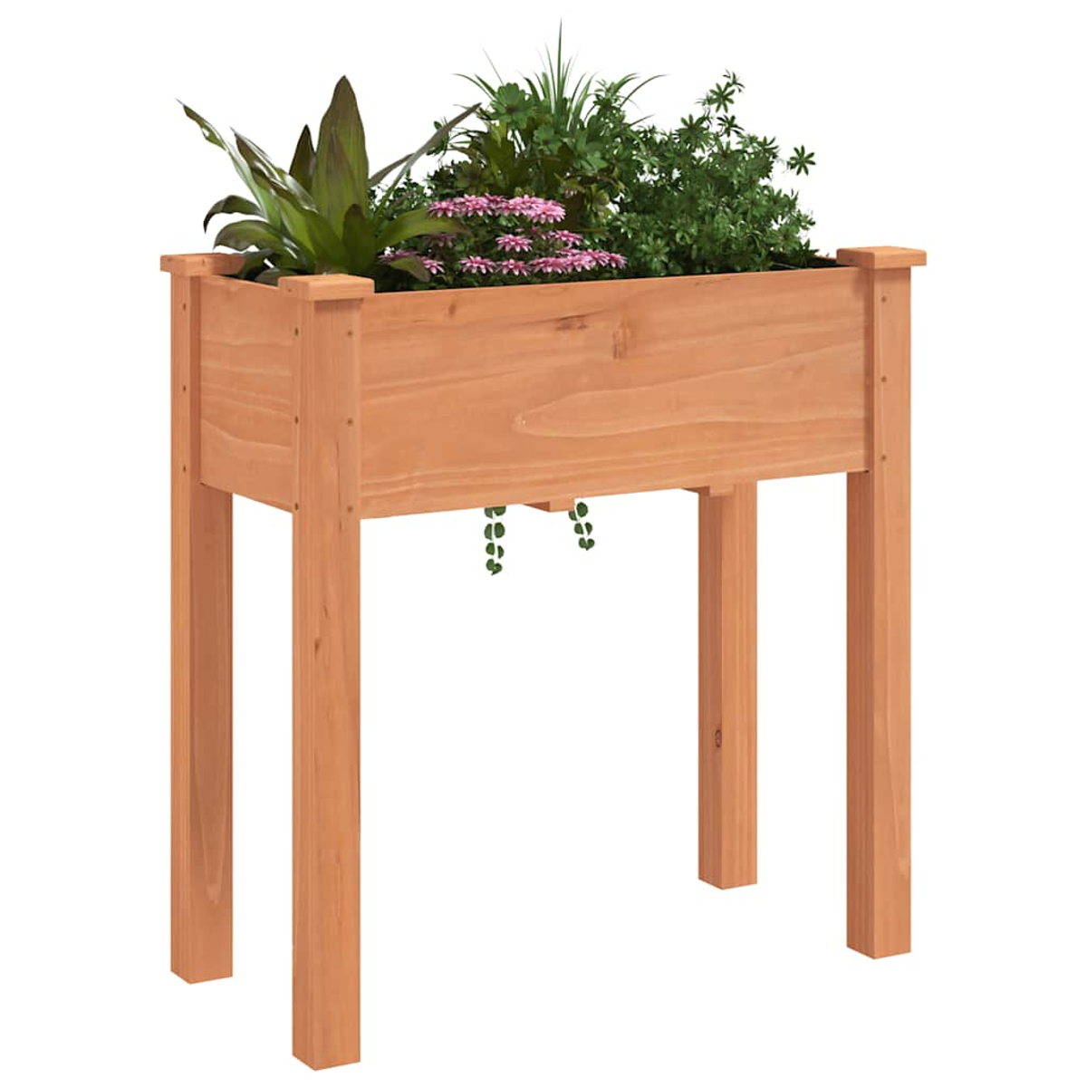 Ein hölzerner Pflanzkasten mit Pflanzen gefüllt. Die Box steht auf Beinen. Pflanzen umfassen grüne und lila Blumen.