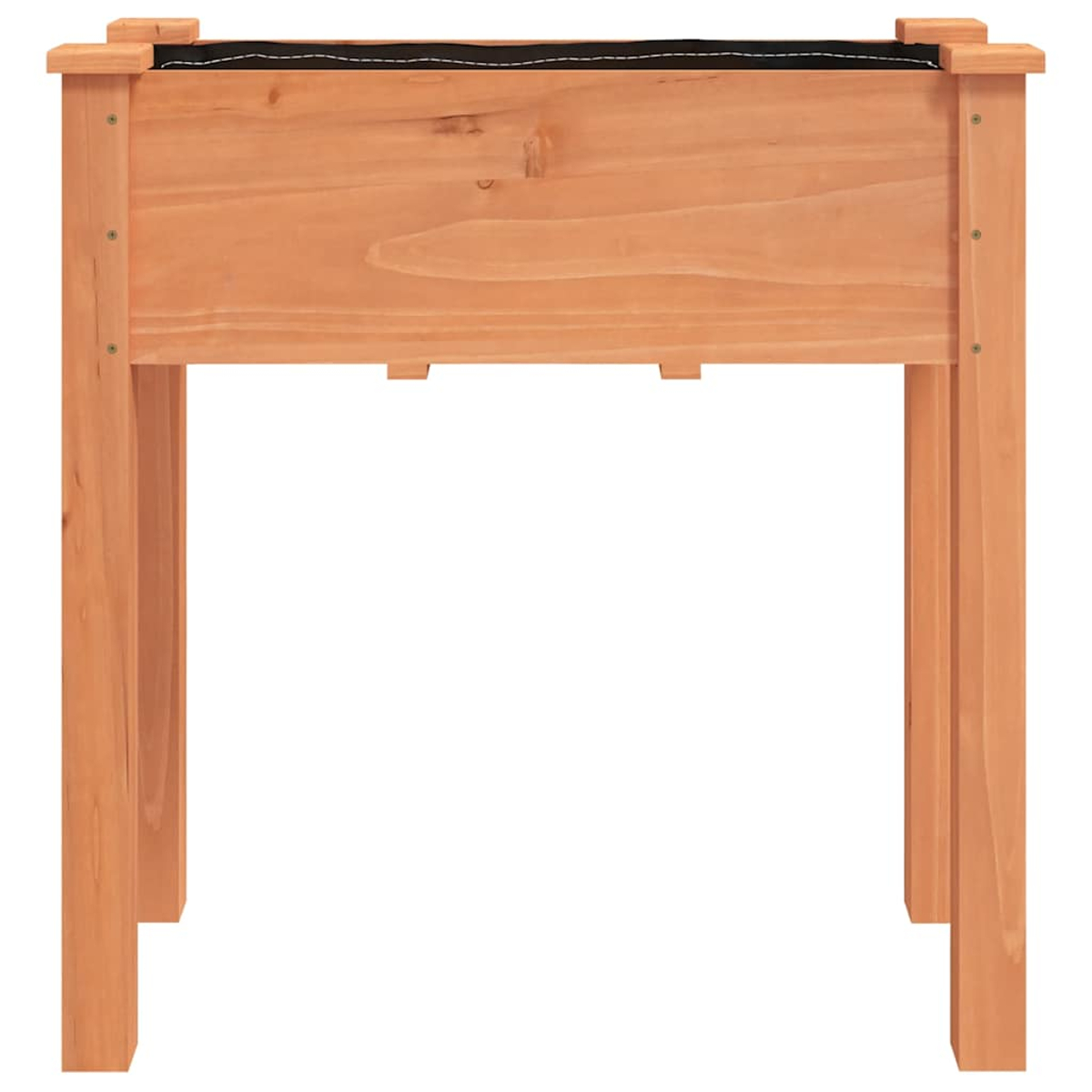 Ein brauner Pflanzkasten aus Holz mit schwarzem Stofffutter. Er steht auf vier Beinen vor weißem Hintergrund.