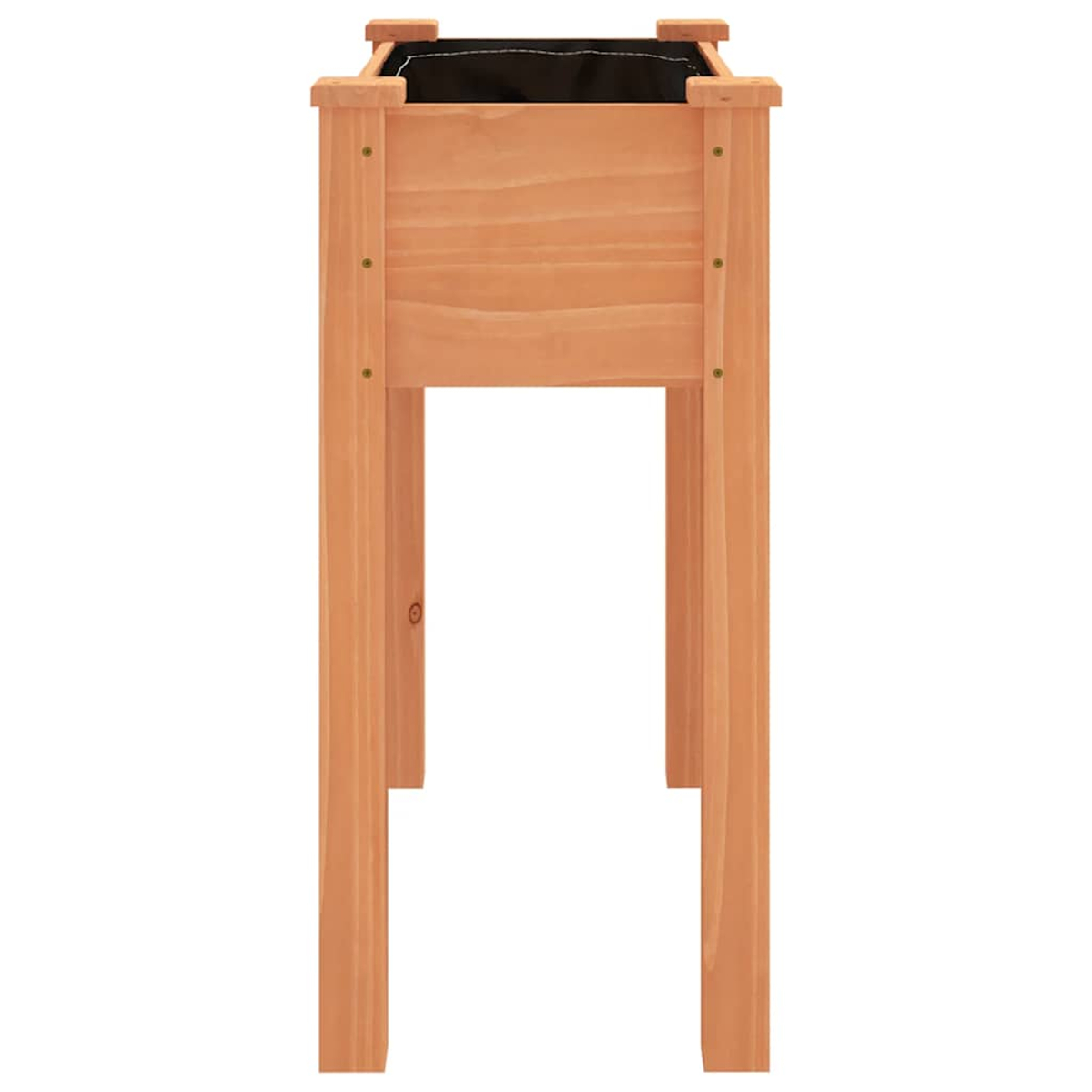 Ein erhöhter Gartenbeet aus Holz mit vier Beinen. Das Beet ist rechteckig mit einem schwarzen Liner. Das Holz ist hellbraun.