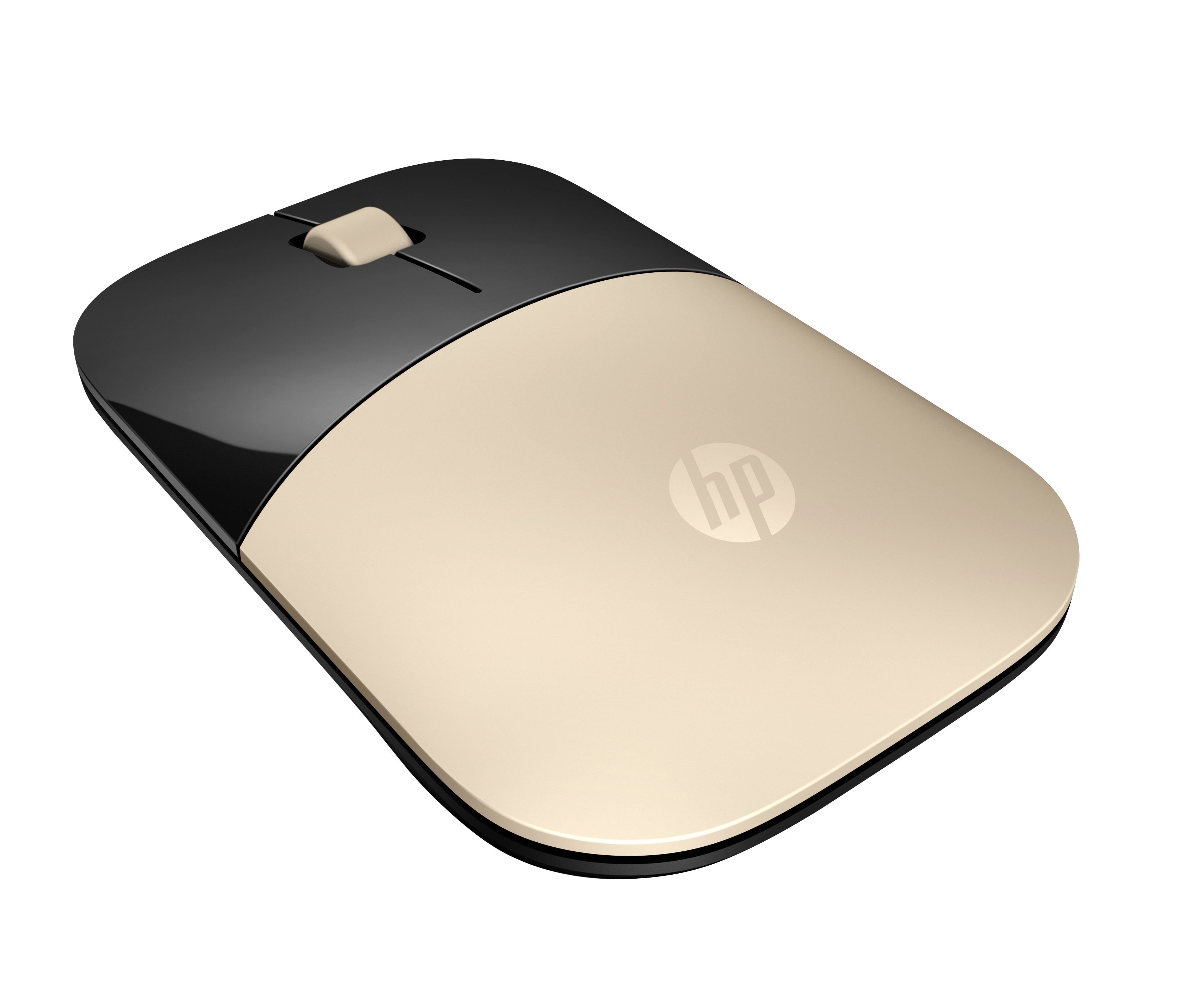 Un ratón inalámbrico HP. Tiene una parte superior negra y una mitad inferior beige. Hay una rueda de desplazamiento y un logotipo de HP.
