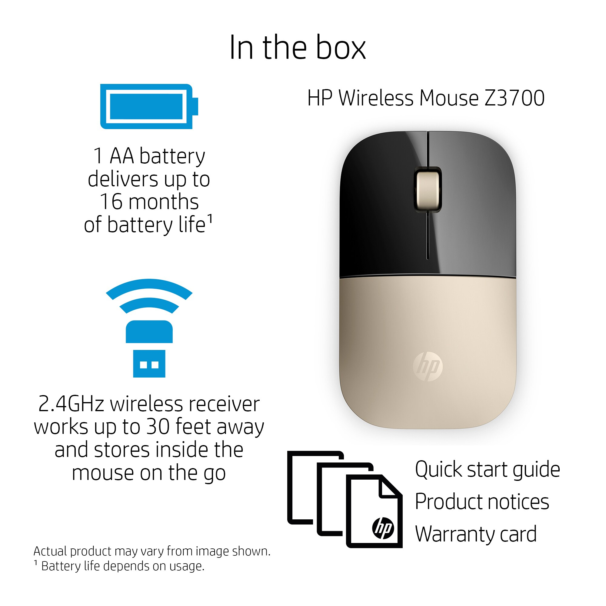 Un ratón inalámbrico HP Z3700 negro y beige. Incluye batería, receptor, guía de inicio rápido, avisos del producto, garantía.