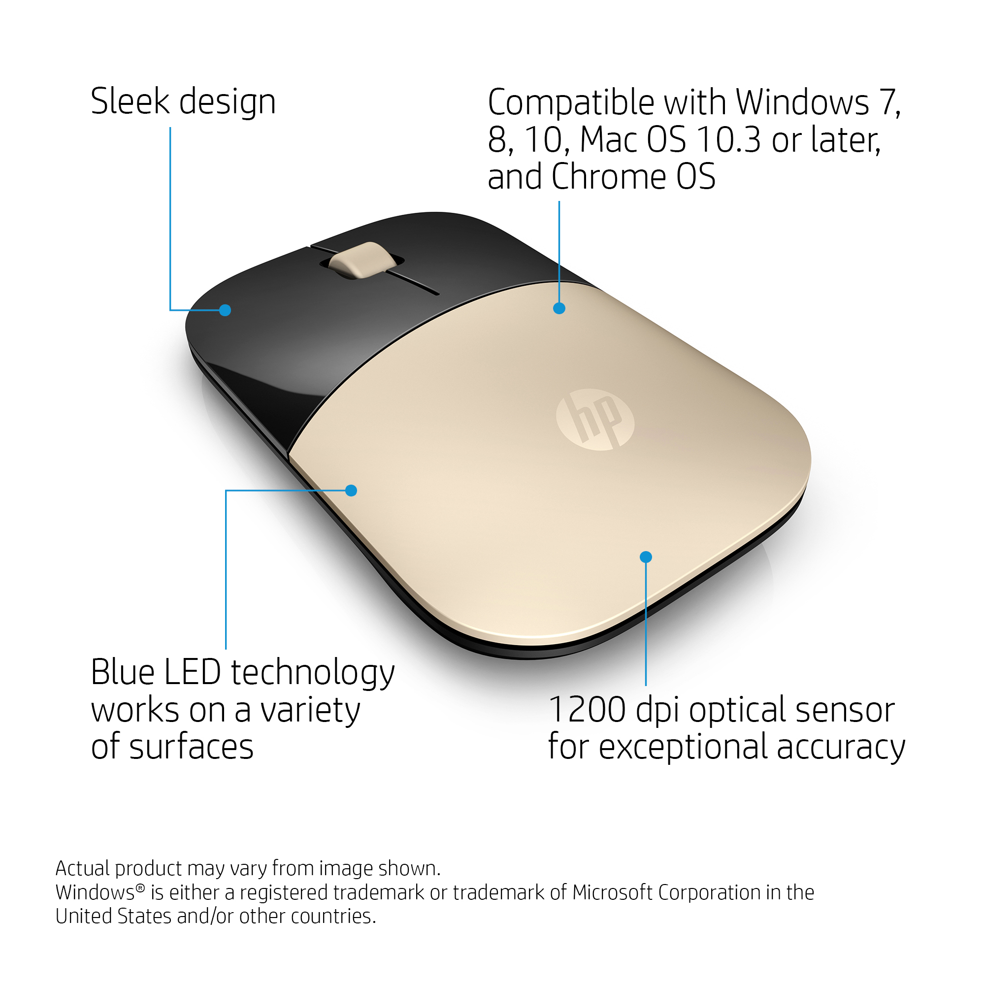 Un ratón HP negro y dorado. Características: diseño elegante, tecnología LED, sensor de 1200 ppp y compatibilidad con Windows, Mac y Chrome OS.