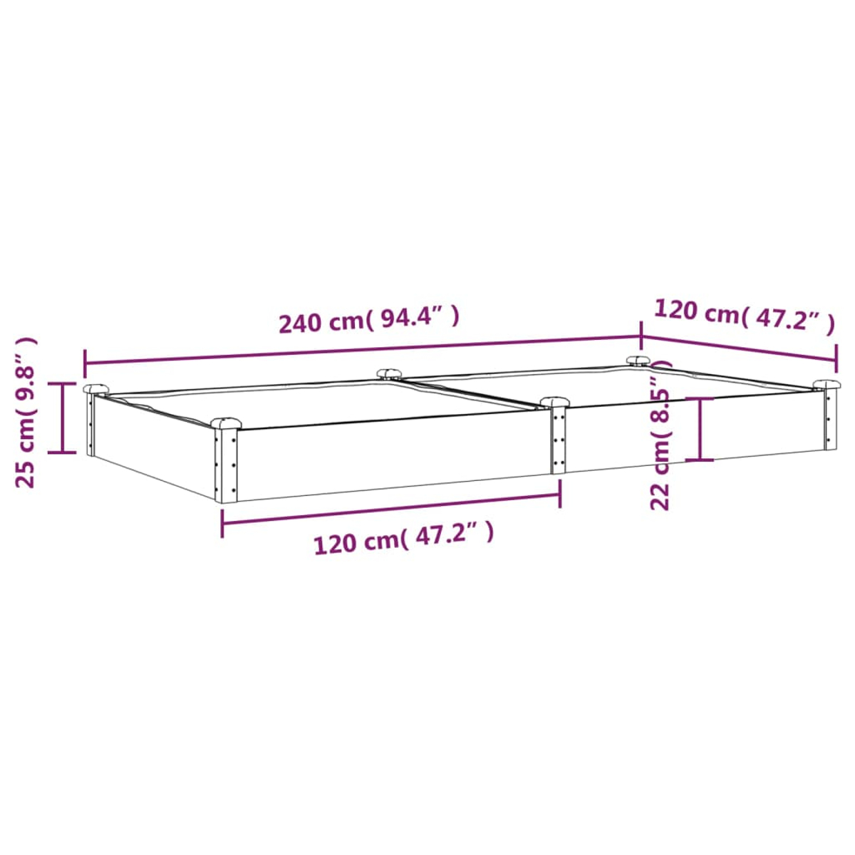 Eine Illustration zeigt einen rechteckigen Holzrahmen. Abmessungen sind beschriftet: 240 cm, 120 cm, 25 cm und 22 cm. Der Rahmen ist auf weißem Hintergrund.