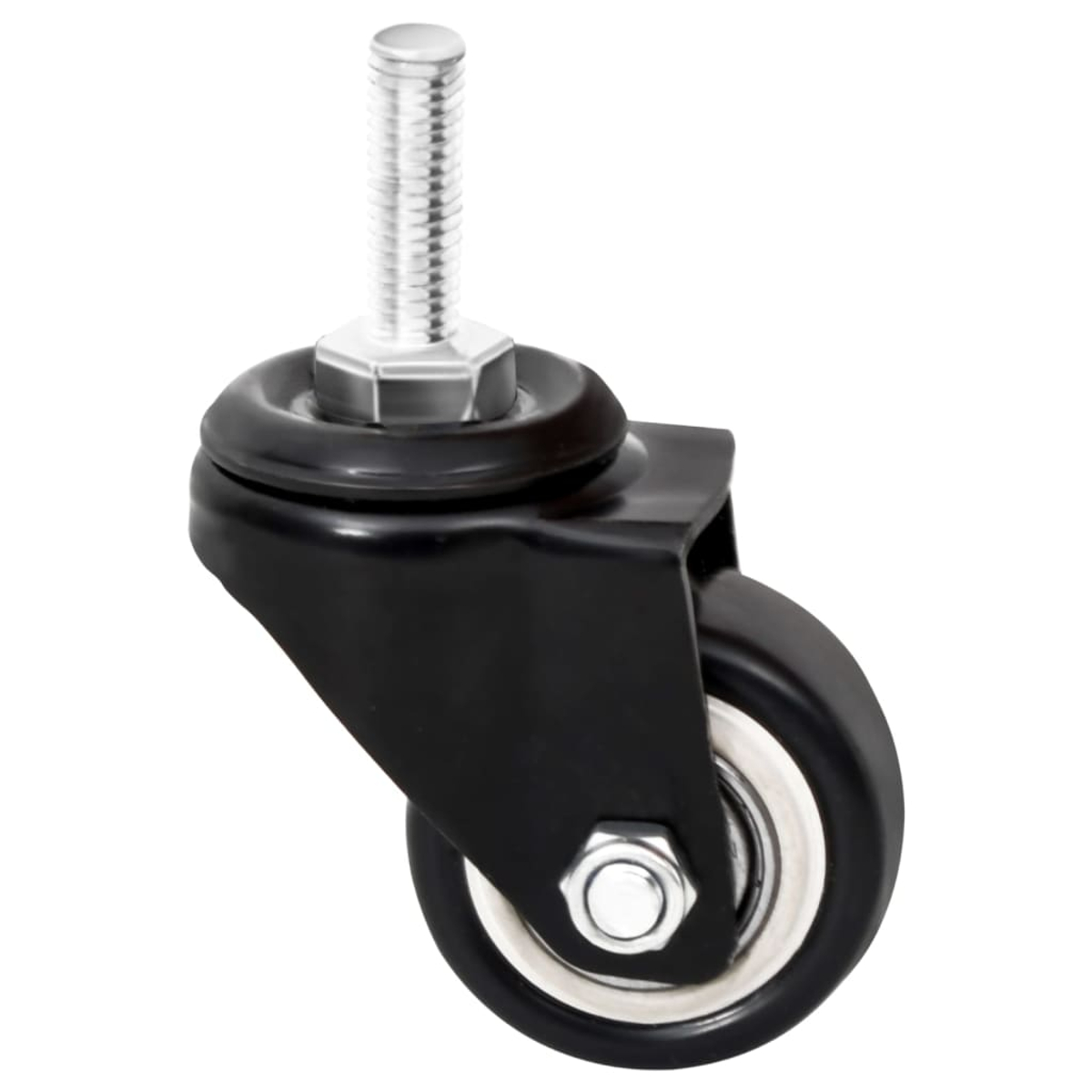 Eine schwarze Lenkrolle mit silberner Schraube und Mutter. Das Rad ist aus Gummi und hat einen weißen Innenring. Der Hintergrund ist weiß.