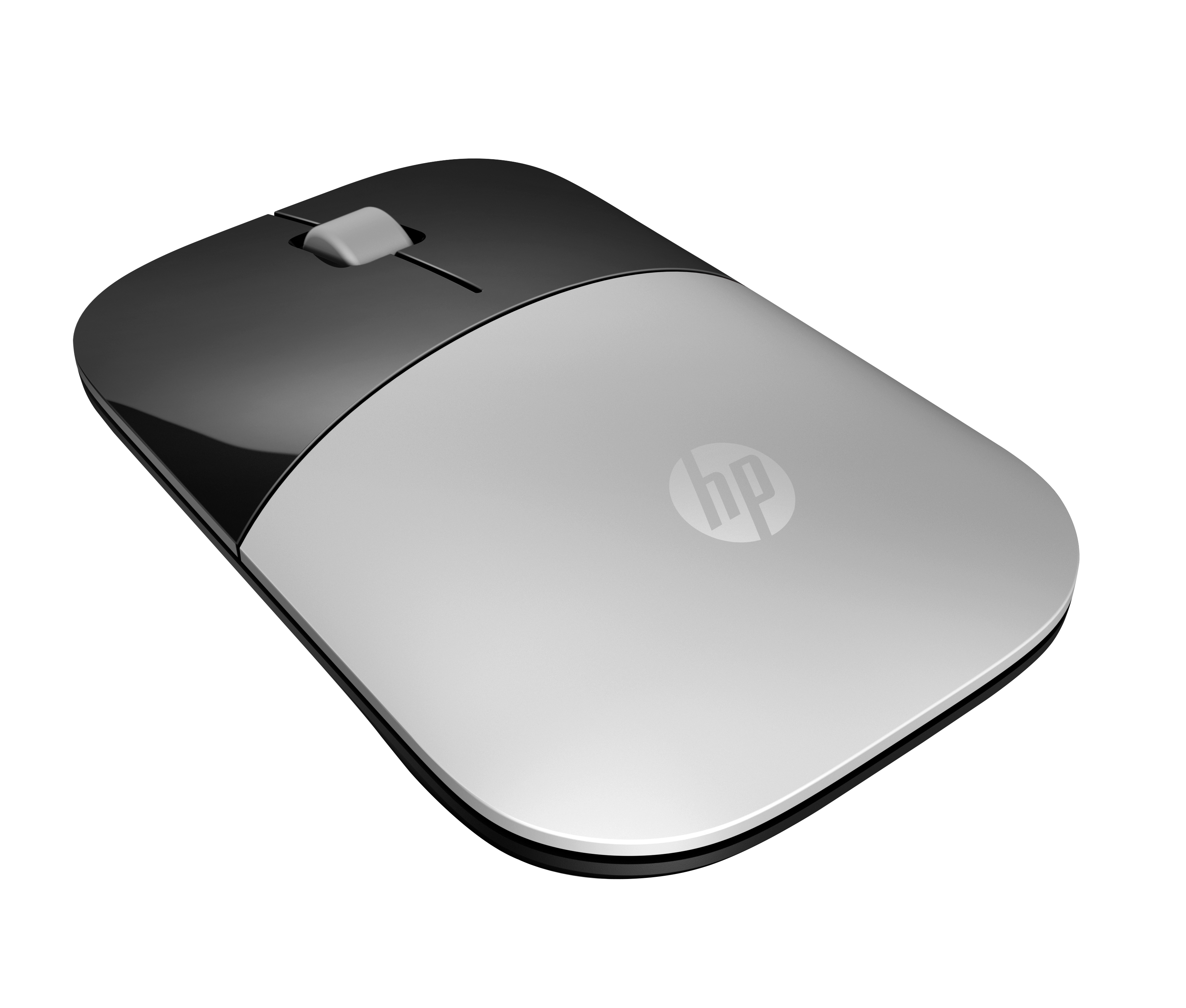 Un ratón inalámbrico HP plateado y negro. La parte superior es plateada con el logotipo de HP y la trasera es negra.