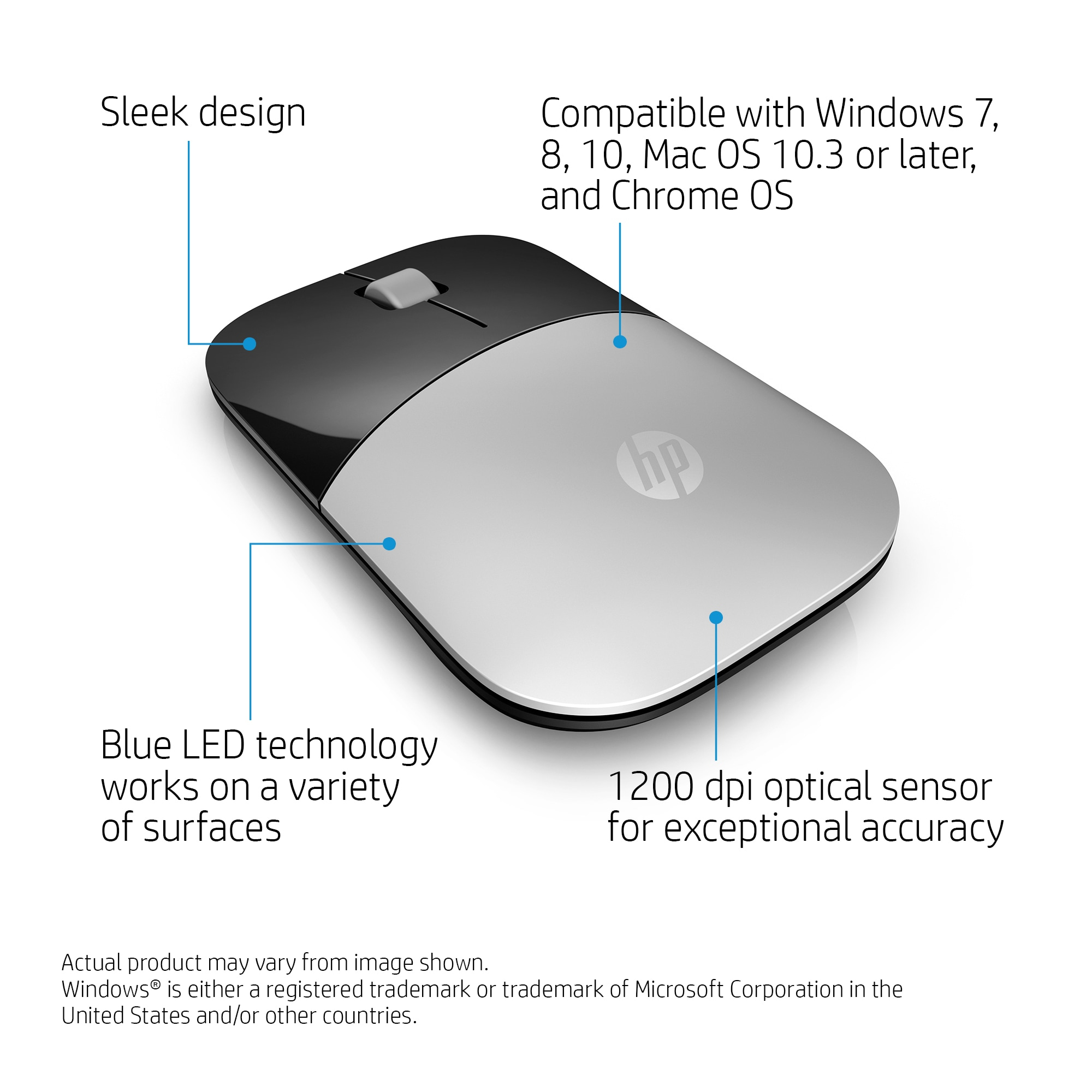 Un ratón HP con un diseño elegante. Tiene una parte superior negra y una inferior plateada. Destaca sus características y compatibilidad.