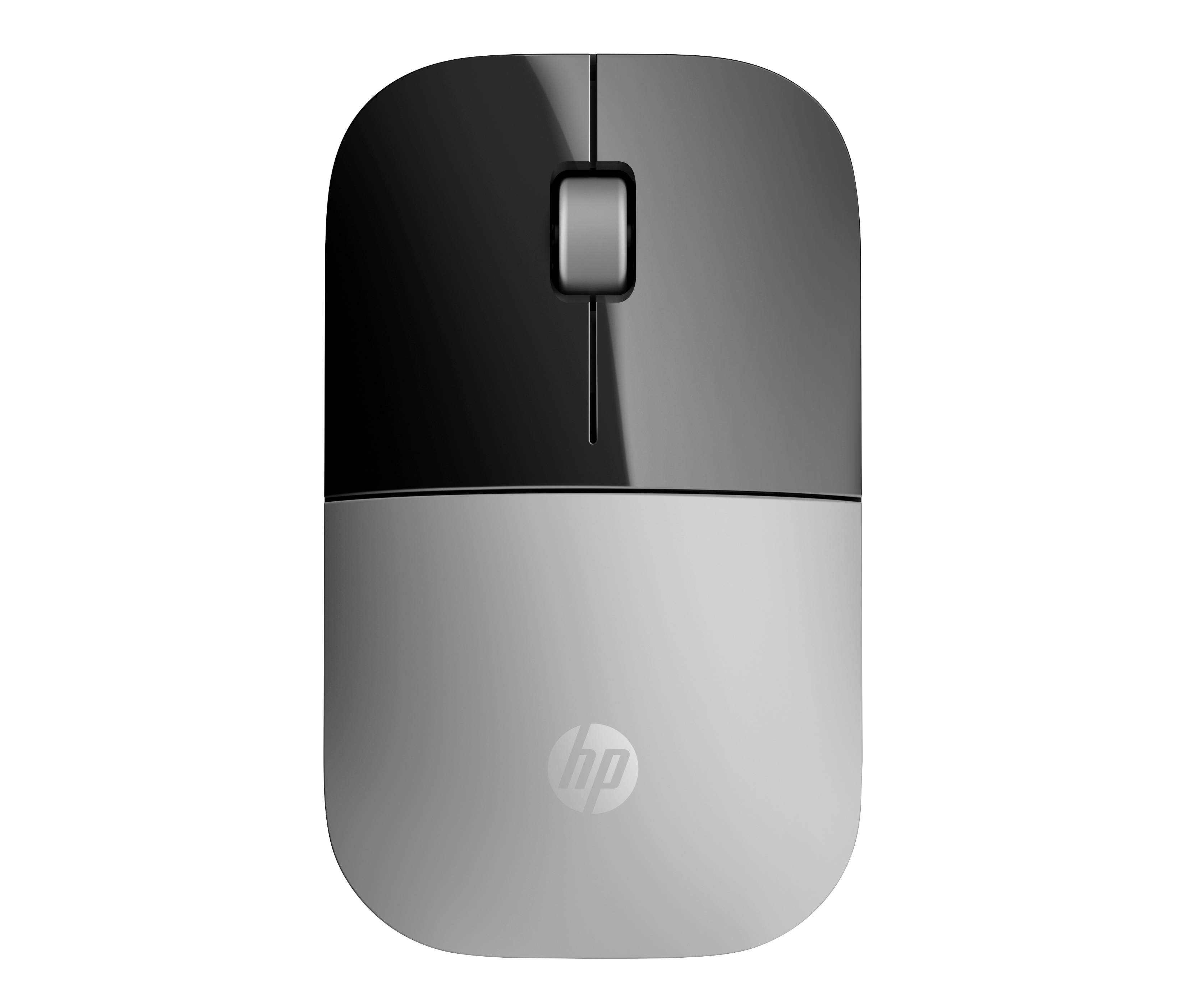 Un ratón inalámbrico HP con la parte superior negra e inferior gris. El logotipo de HP está en la parte inferior.