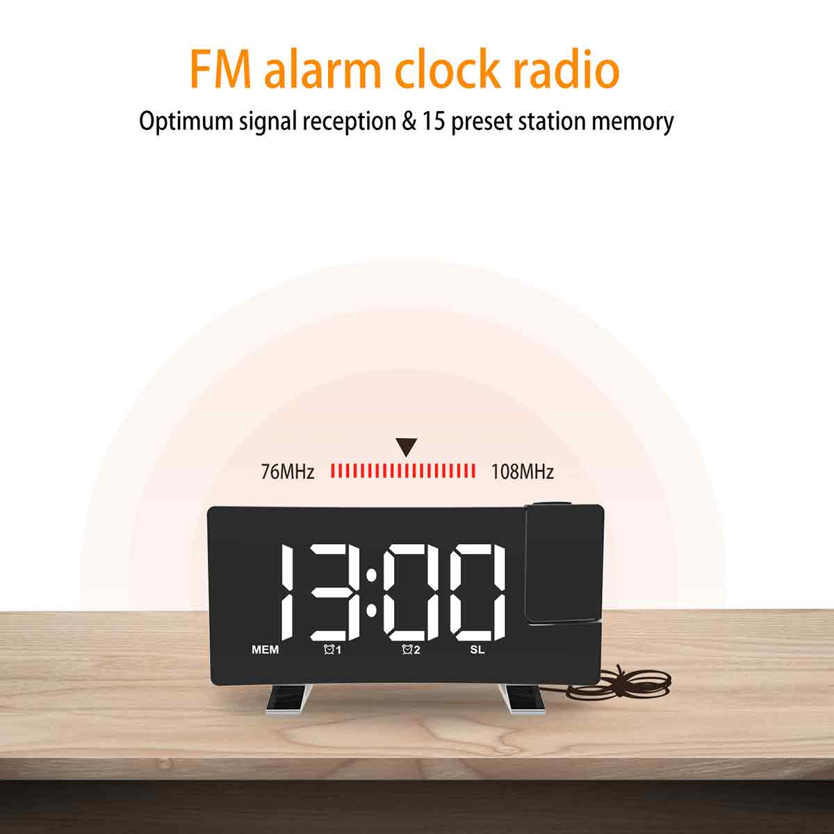 Ein digitaler Wecker, der 13:00 Uhr auf einer Holzoberfläche anzeigt. Der Text oben lautet 'FM-Radiowecker'.