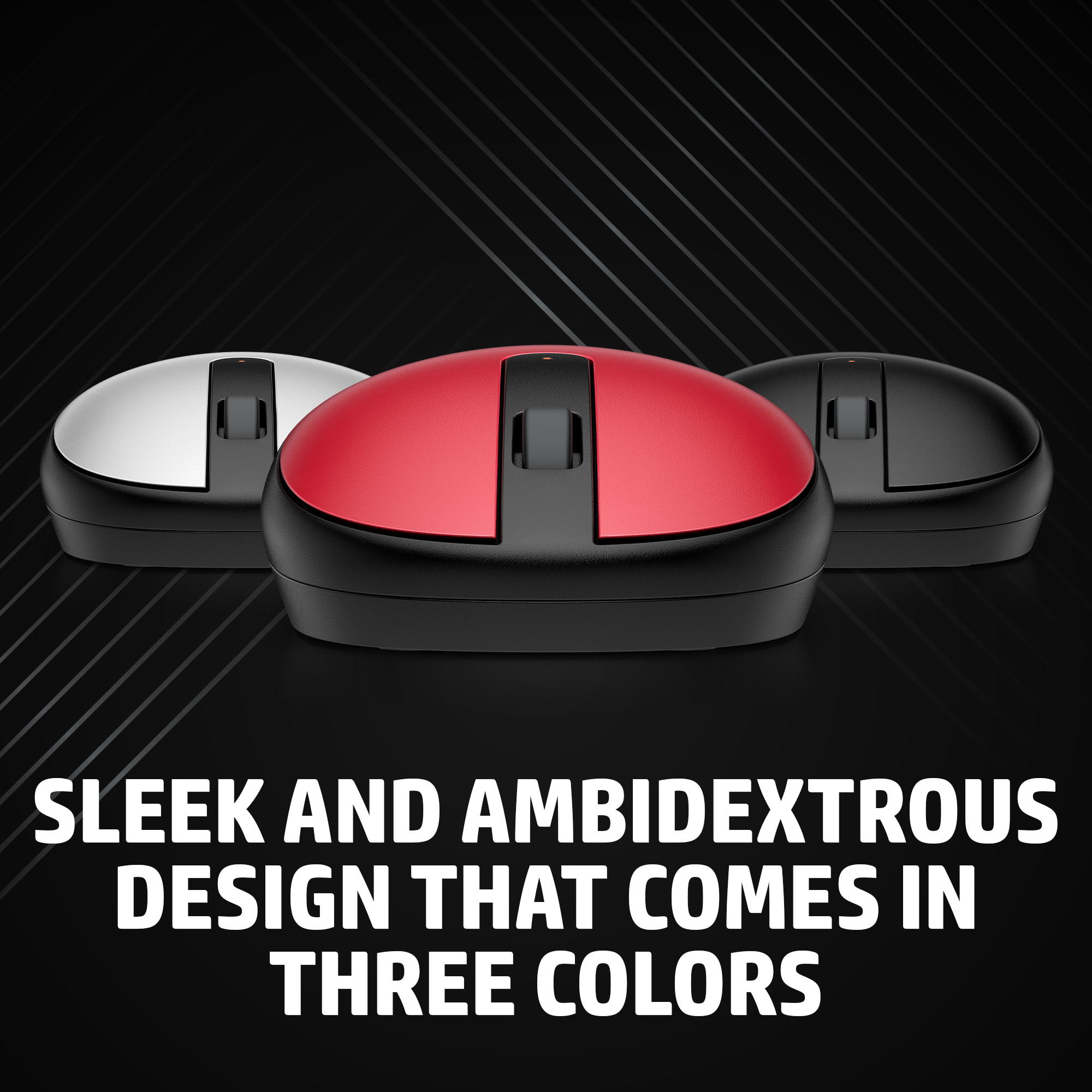 Tres ratones, plateado, rojo y negro, sobre fondo negro con líneas diagonales. Texto: Diseño elegante y ambidiestro.