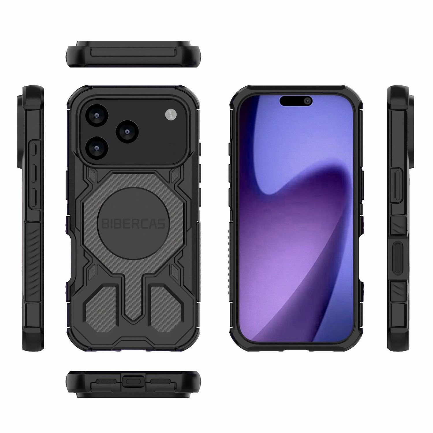 Funda de teléfono negra con diseño texturizado, un teléfono con pantalla morada y vistas laterales. La funda está etiquetada como 'BIBERCAS'.