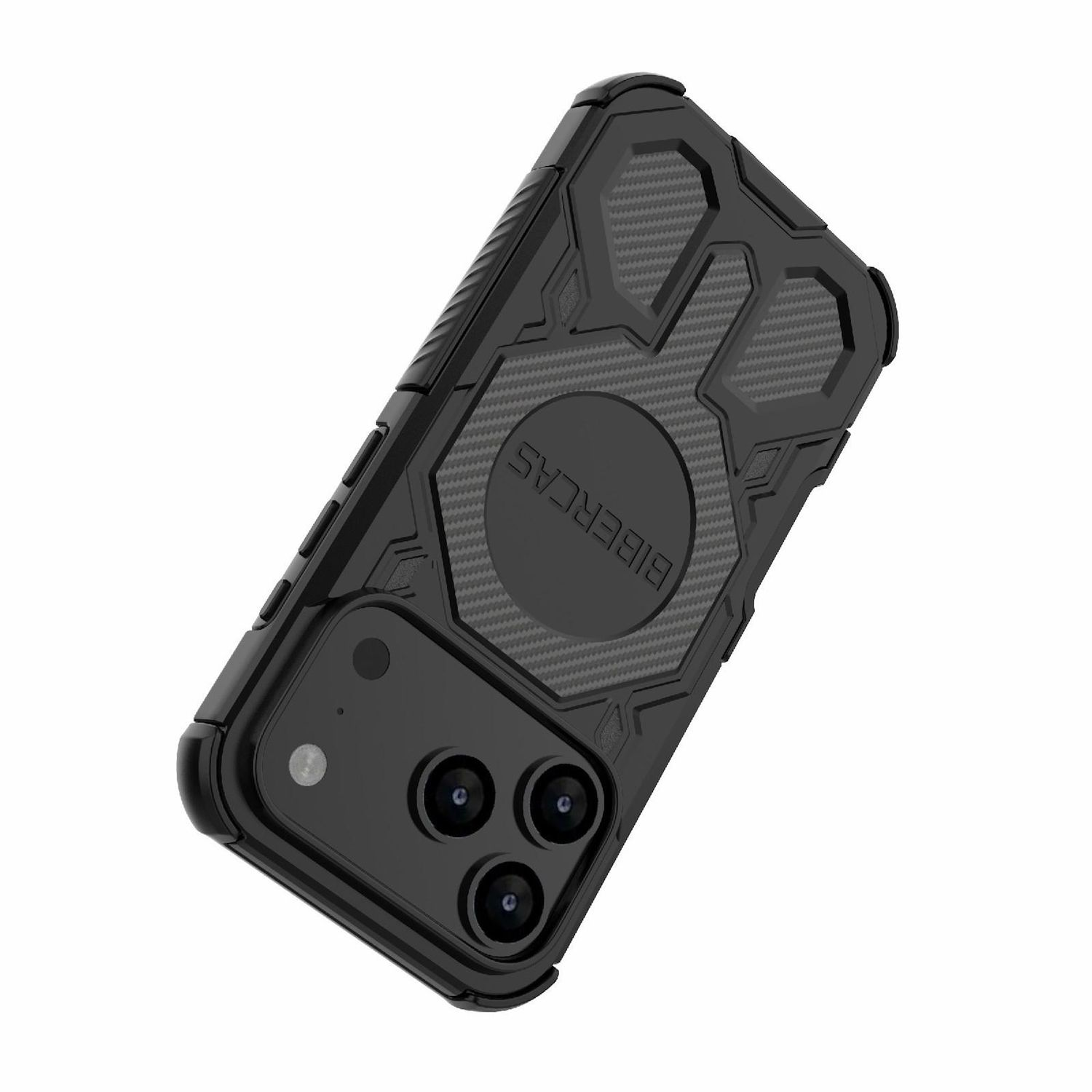Schwarze Handyhülle mit Karbonfaser-Design. Die Hülle hat mehrere Kameras und die Marke "BIBERCAS" ist sichtbar.