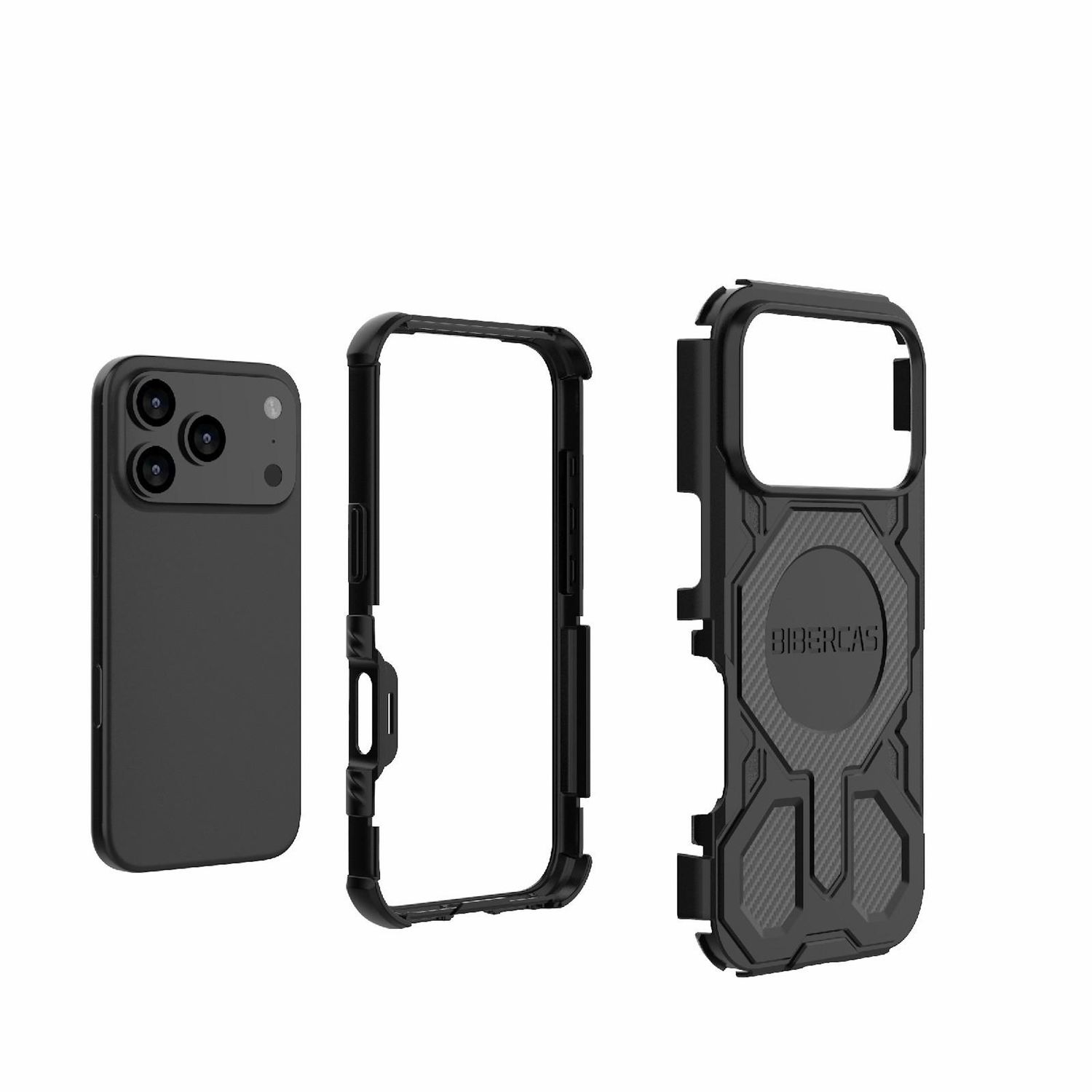Schwarzes iPhone mit separaten Handyhüllenkomponenten. Zu den Gehäuseteilen gehören ein Rahmen und eine Rückwand mit der Marke 'BiberCase'.