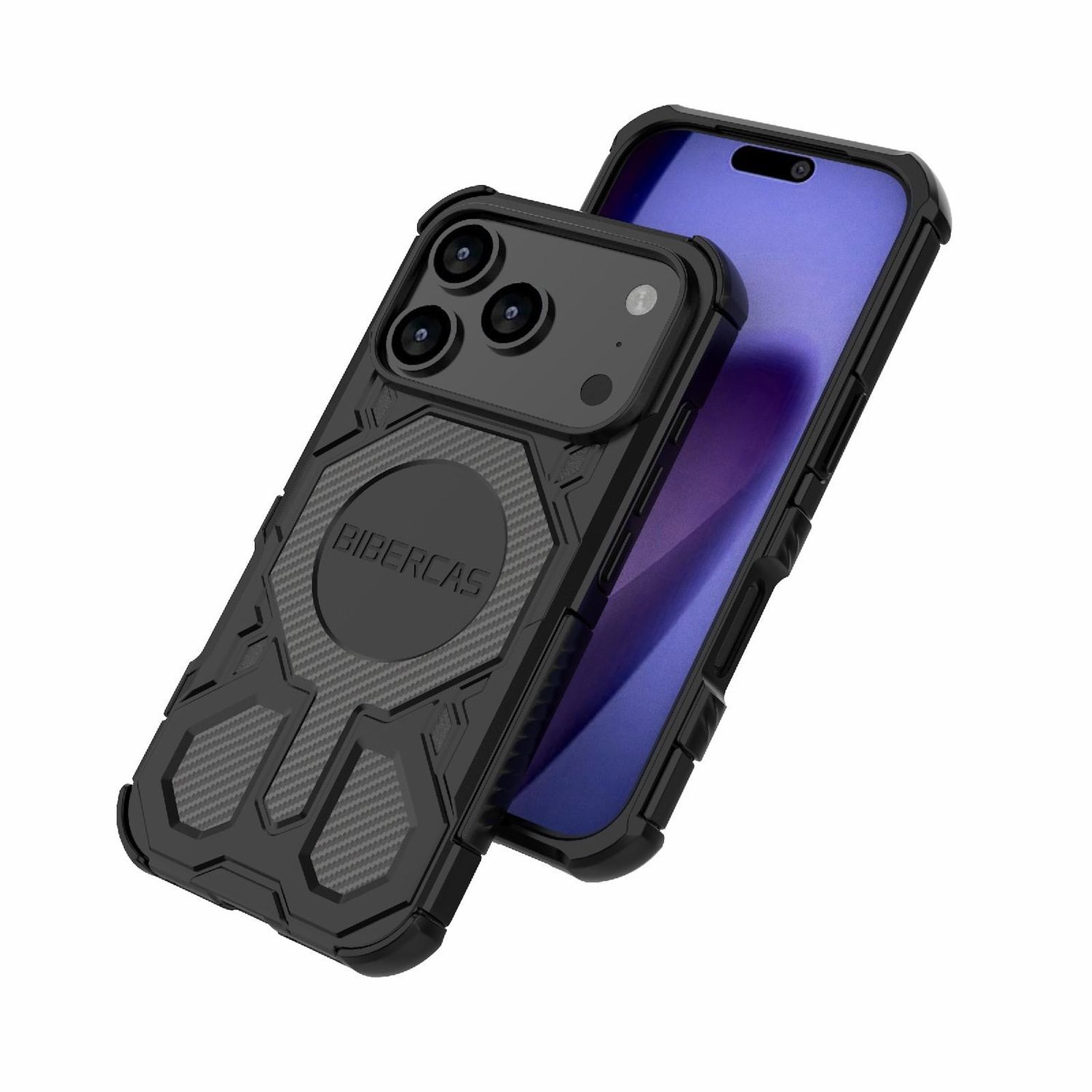 Schwarze Handyhülle mit Schutzdesign, hält ein Telefon mit lila Bildschirm. Auf der Hülle steht 'BIBERCAS'.