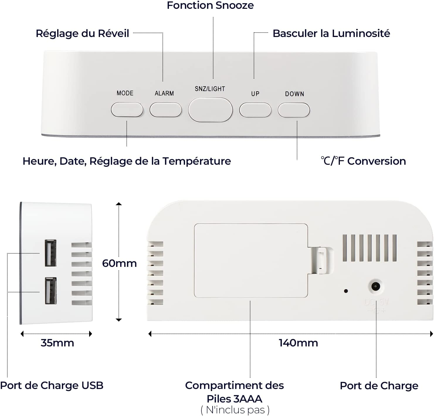 Weißer digitaler Wecker mit mehreren Tasten. Zu den Funktionen gehören Schlummerfunktion, Alarm, Helligkeitsregelung, USB- und Ladeanschlüsse.