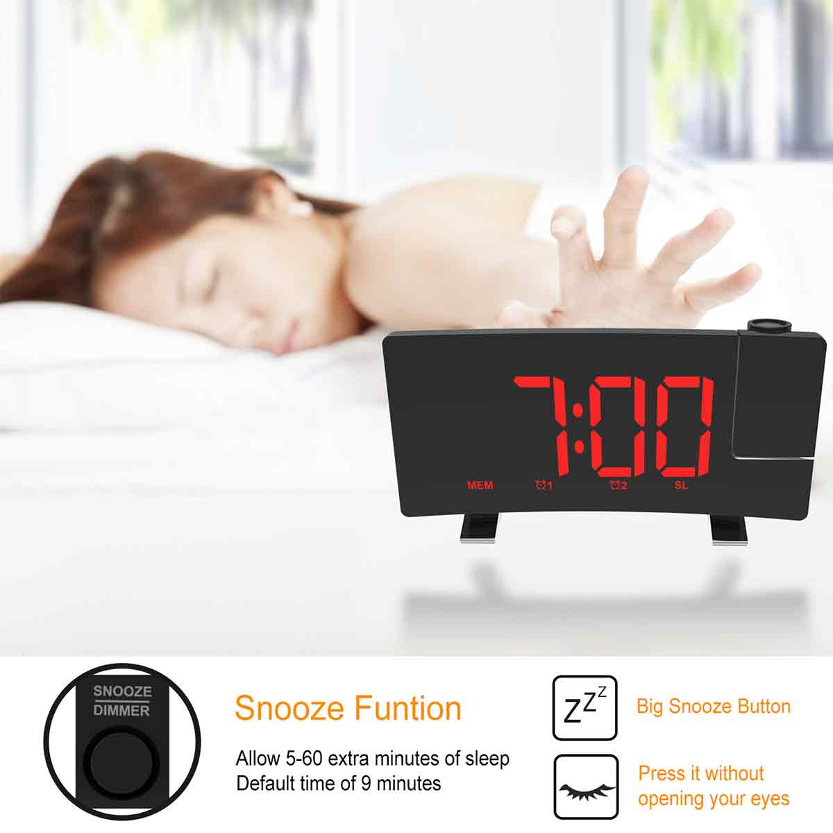 Eine Person im Bett greift nach einer Digitaluhr, die 7:00 anzeigt. Die Uhr ist schwarz mit roten Ziffern. Merkmale sind Schlummerfunktion und Dimmer.