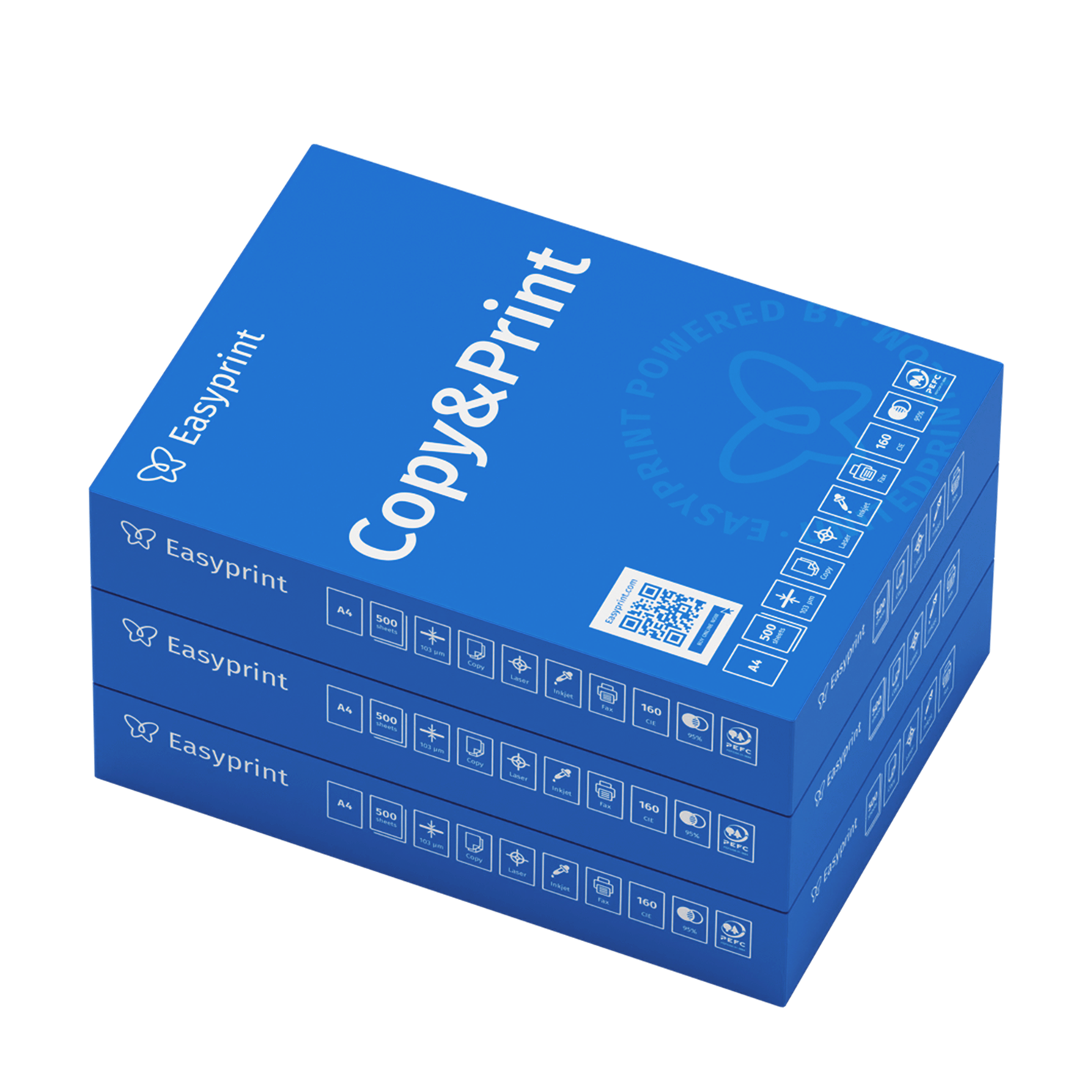 Drei blaue Papierboxen gestapelt. Jede Box trägt 'Easyprint' und 'Copy&Print'. Details: A4, 500 Blatt und verschiedene Symbole.
