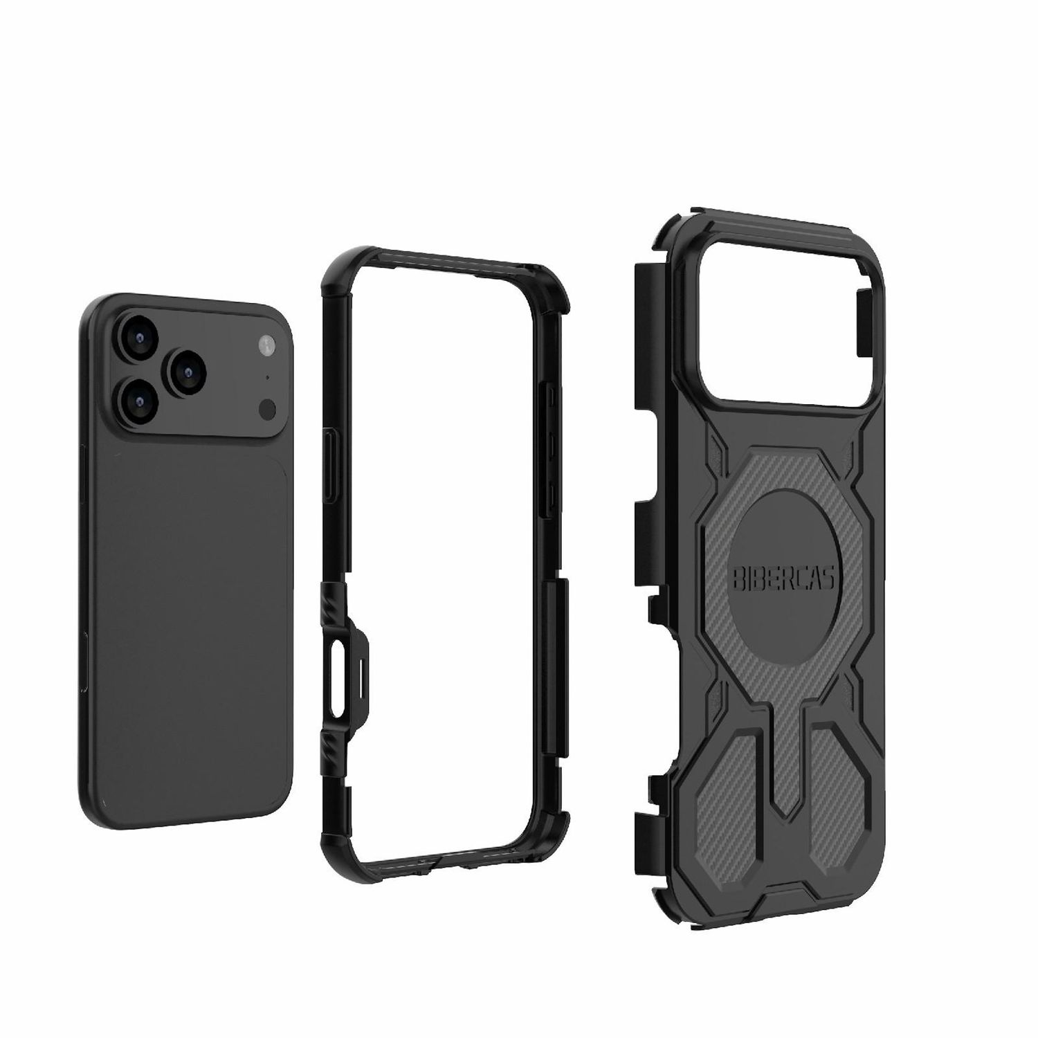 Zerlegtes schwarzes Handycase: Telefon, Innenrahmen und Außenhülle. Auf der Außenhülle steht die Marke BIBERCAS.