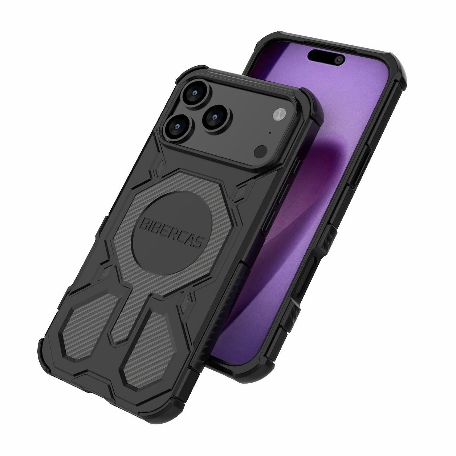 Schwarze Handyhülle mit einem Handy darin. Die Hülle hat ein strukturiertes Design und der Bildschirm ist lila.