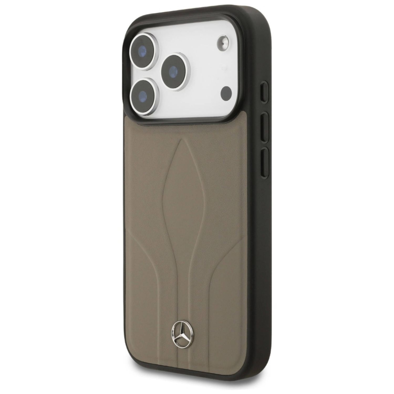 Un iPhone nero in una custodia con retro simile alla pelle beige. Presenta un logo Mercedes-Benz.