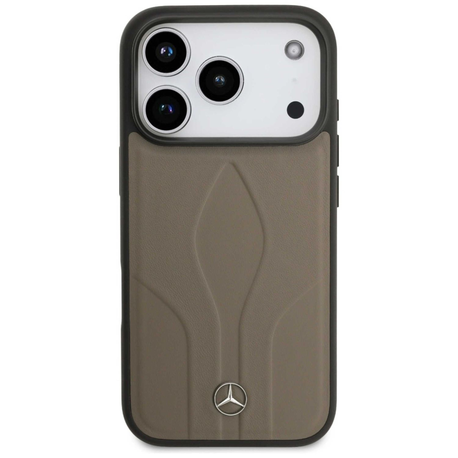 Una custodia per telefono con il logo Mercedes. Ha un retro marrone effetto pelle con cornice e modulo fotocamera neri.