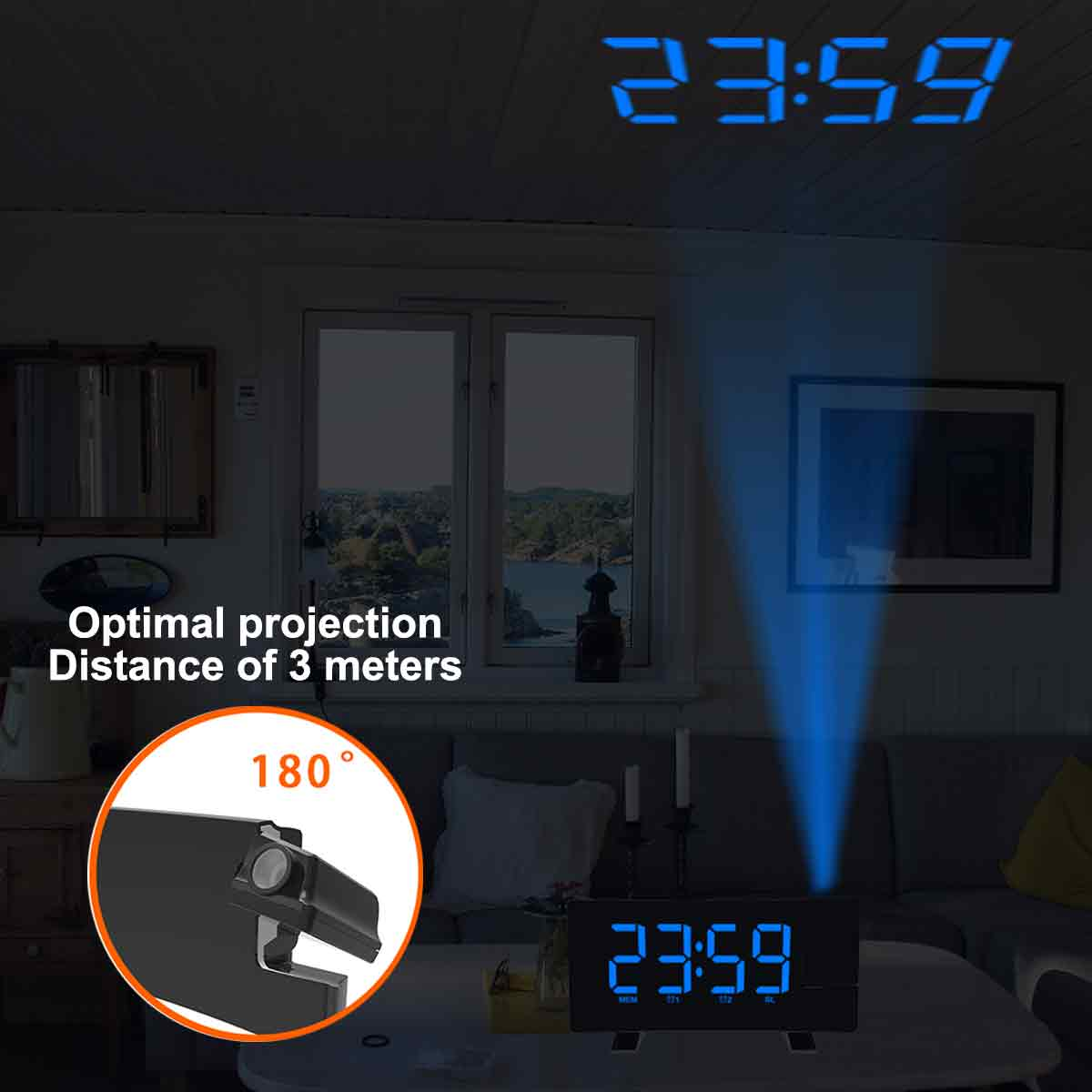 Eine Digitaluhr zeigt 23:59 Uhr an. Eine Projektion befindet sich an der Decke. Im Vordergrund ist eine Uhr mit schwarzer Oberfläche zu sehen.