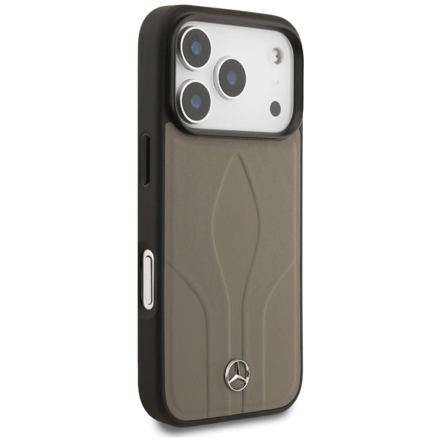 Una custodia per telefono con cornice nera e retro grigio effetto pelle. Presenta il logo Mercedes-Benz e modulo fotocamera.