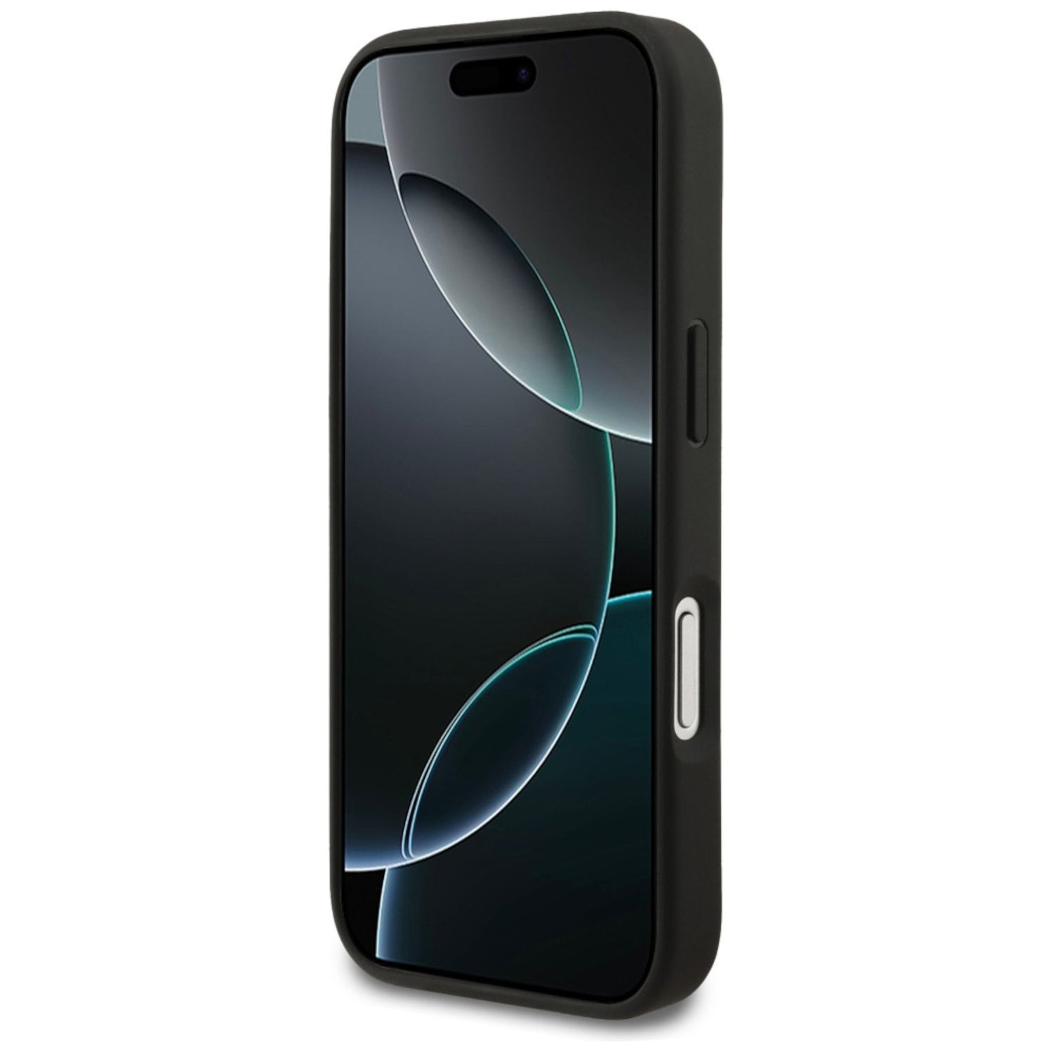 Uno smartphone nero in una custodia nera è mostrato. Lo schermo mostra un design scuro e astratto con linee curve.