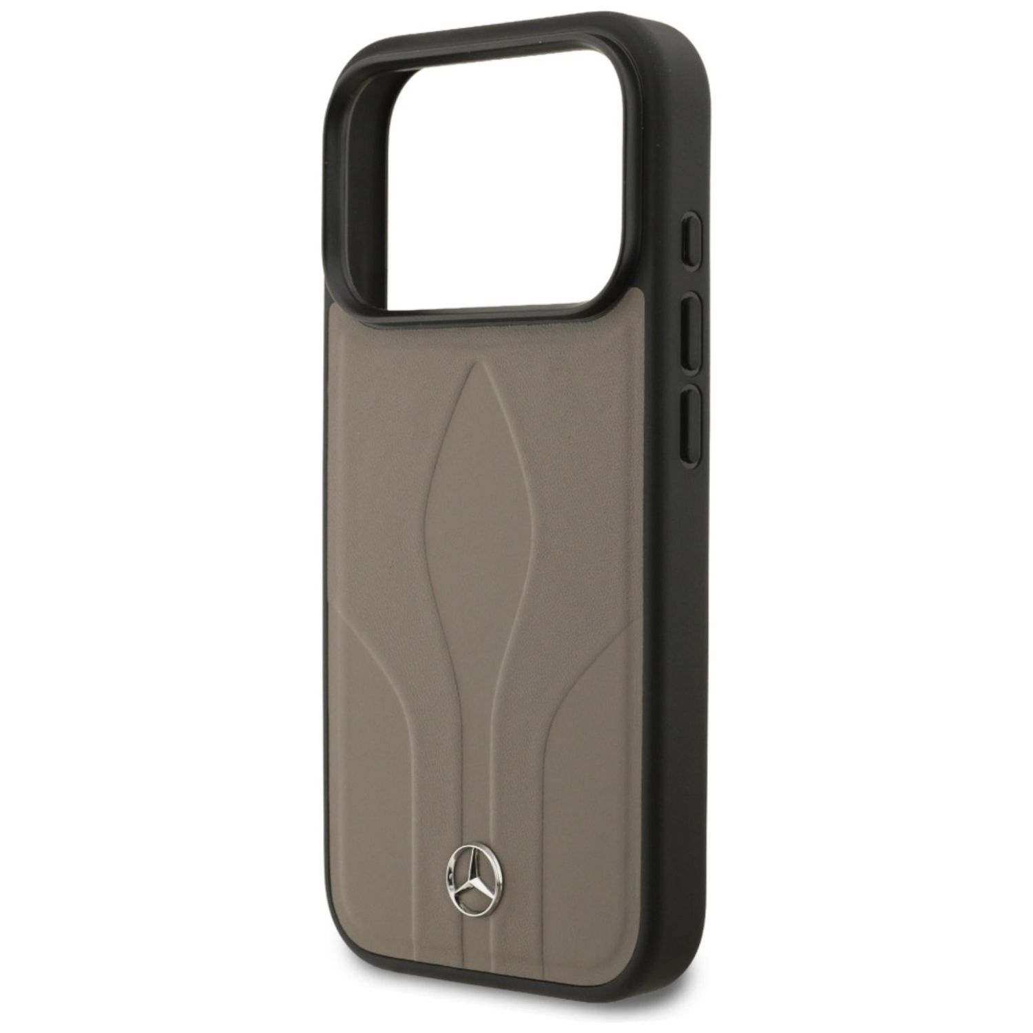 Una custodia per telefono con cornice nera e retro simile alla pelle beige. Presenta un logo Mercedes-Benz in basso.