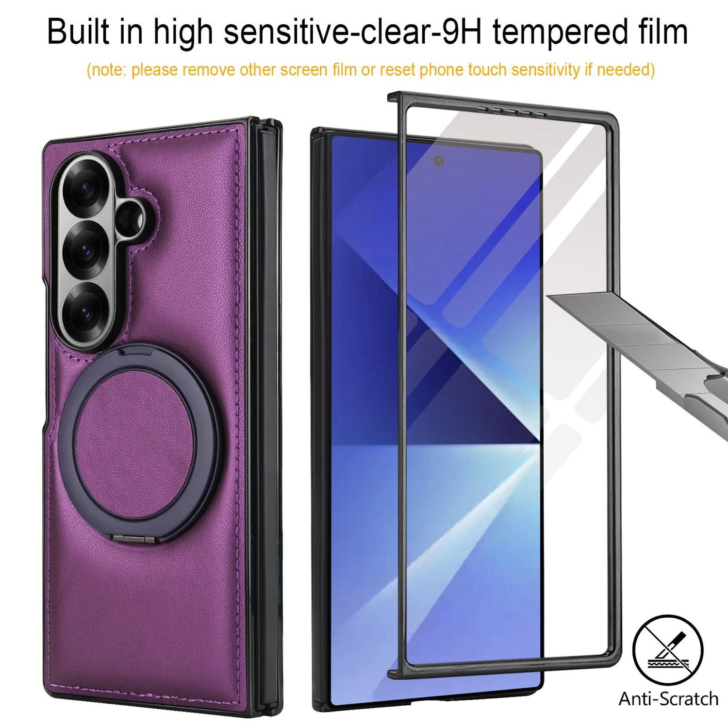La imagen muestra una funda morada para teléfono, una pantalla de teléfono y un protector de pantalla. El texto destaca la película templada y las características antiarañazos.