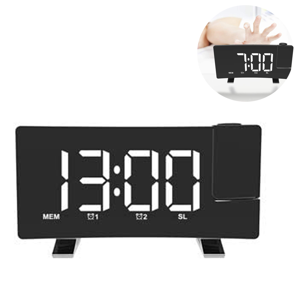 Ein schwarzer digitaler Wecker mit der Anzeige 13:00. Er hat einen Projektor und wird von zwei silbernen Ständern getragen. Ein kleineres Bild zeigt 7:00.