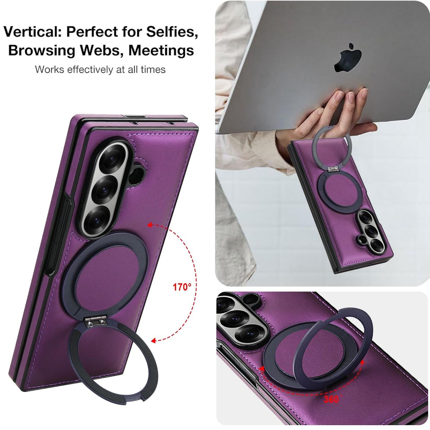 Una funda de teléfono morada con soporte de anillo. Texto: Vertical: Perfecto para Selfies, Navegación web, Reuniones. Funciona siempre eficazmente.
