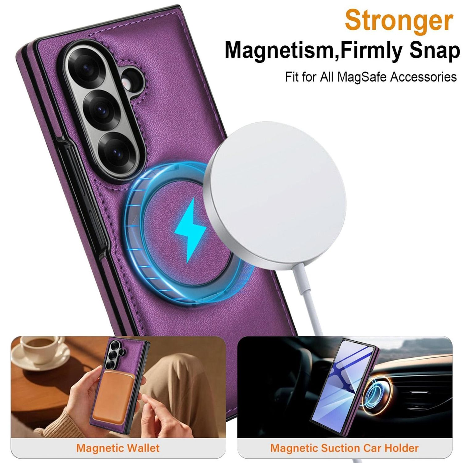 Una funda de teléfono púrpura con un cargador magnético y dos imágenes insertadas de accesorios para teléfonos: una billetera y un soporte para automóvil.