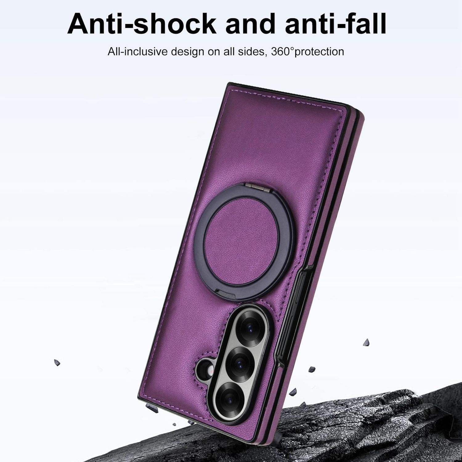 Una funda morada para teléfono con un soporte de anillo negro y tres lentes de cámara. La funda está etiquetada como antigolpes y anticaídas.