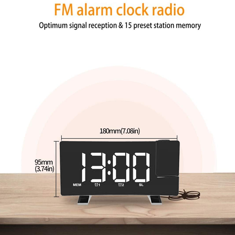 Schwarzer digitaler Wecker mit weißen Ziffern, die 13:00 anzeigen. Er steht auf einer Holzoberfläche, mit markierten Abmessungen.