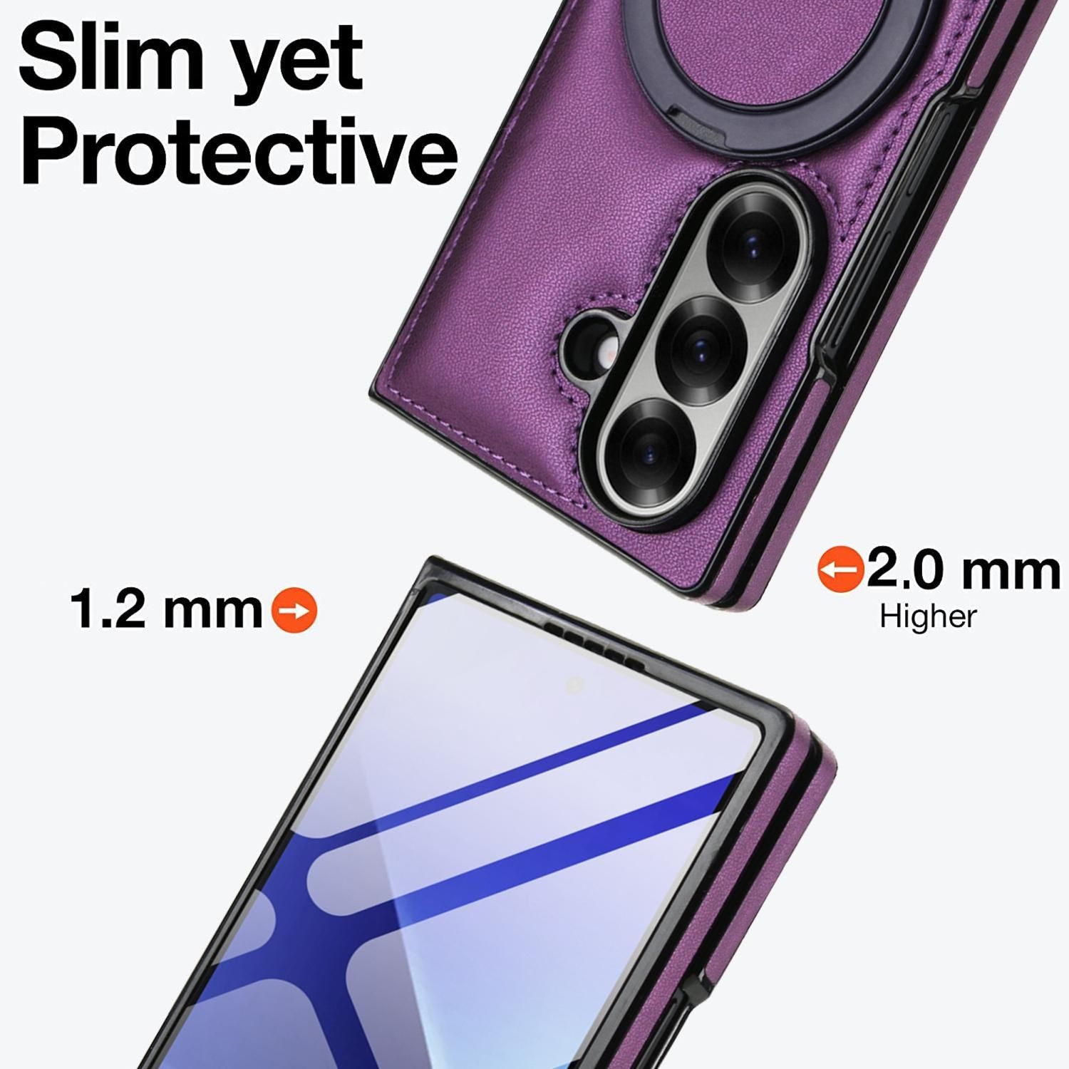 Funda de teléfono morada con marco negro. La cámara del teléfono es visible y la funda está etiquetada como delgada y protectora.