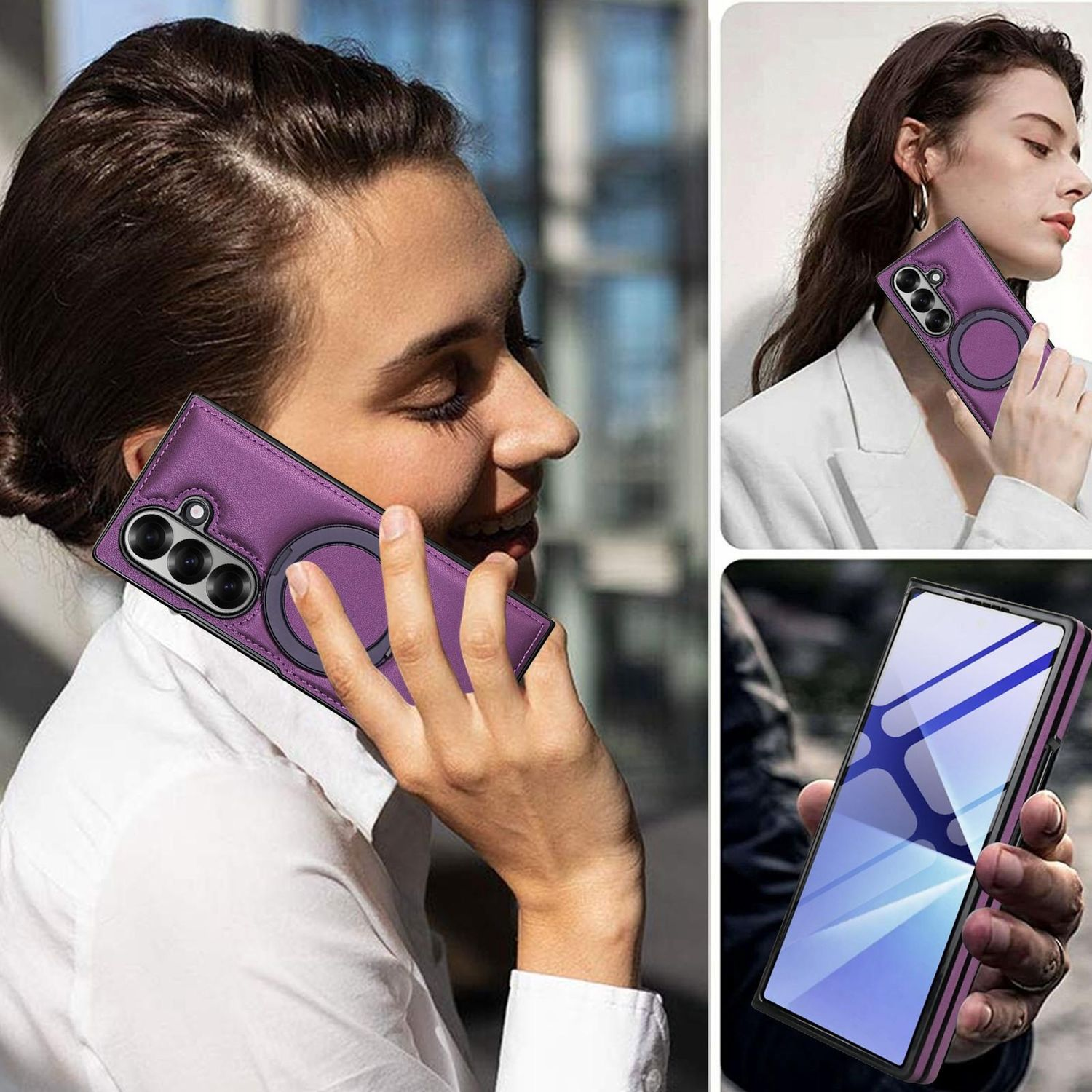 Mujer sosteniendo una funda morada para teléfono con un anillo. Otras mujeres también sostienen teléfonos con fundas similares. El fondo está borroso.