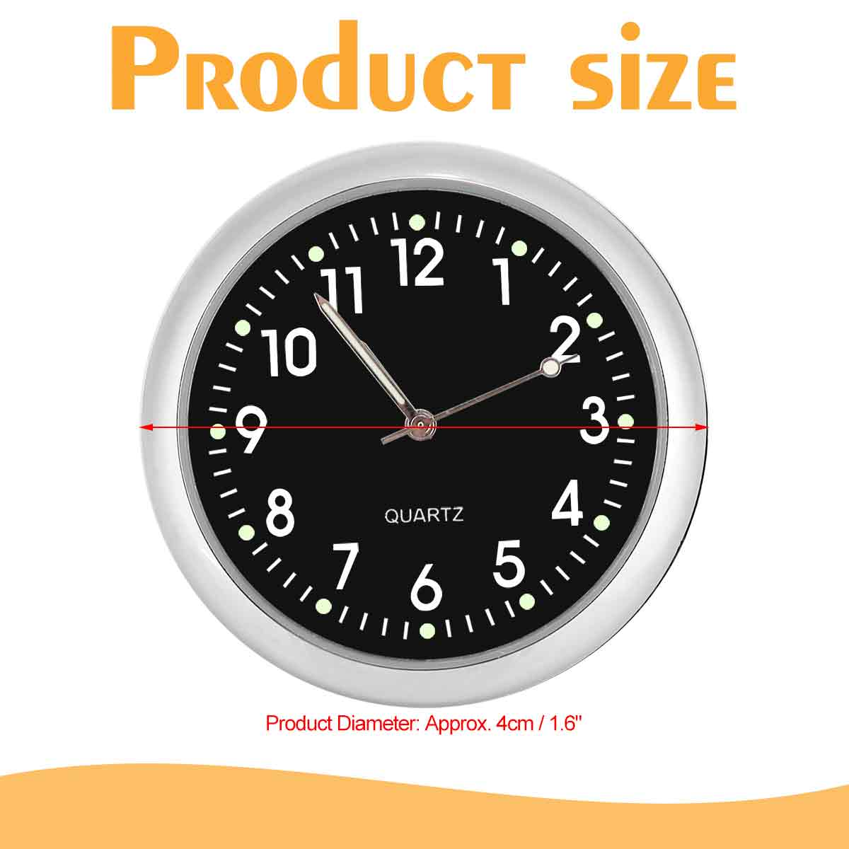 Eine runde Uhr mit schwarzem Zifferblatt, weißen Zahlen und silbernen Zeigern. Der Text 'Produktgröße' steht oben und 'Quarz' unter den Zeigern.