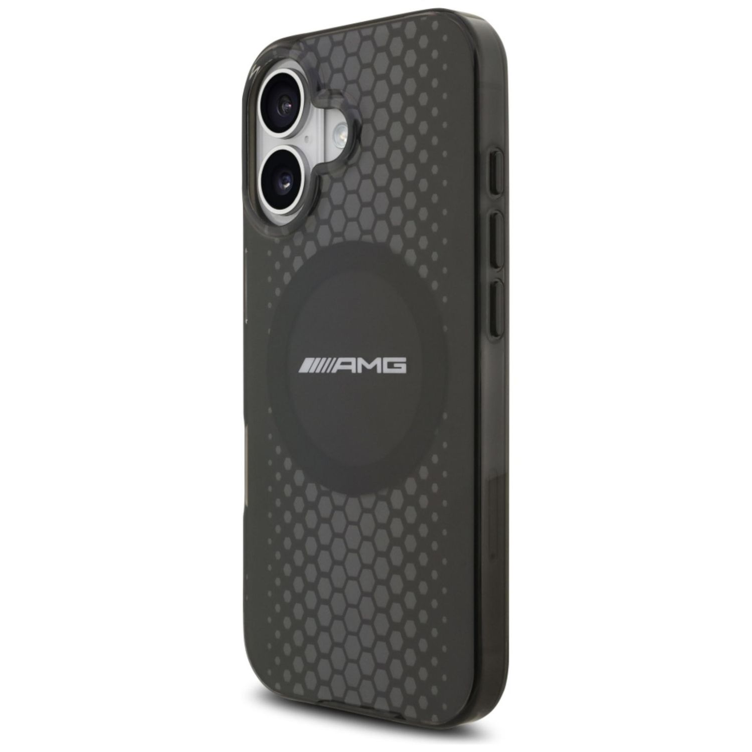Una custodia nera per telefono con logo AMG. Presenta un motivo a nido d'ape e ritagli per la fotocamera. La custodia è leggermente angolata verso destra.