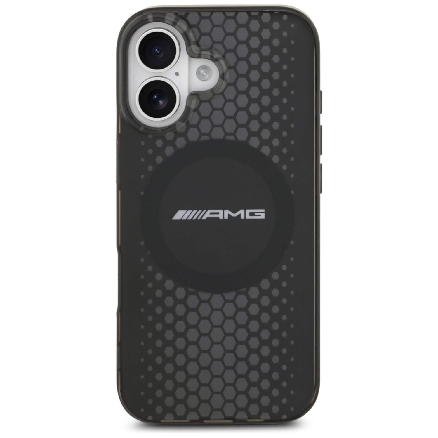 Custodia nera per telefono con motivo a nido d'ape e logo AMG. Ha lenti della fotocamera e un'area circolare nera.