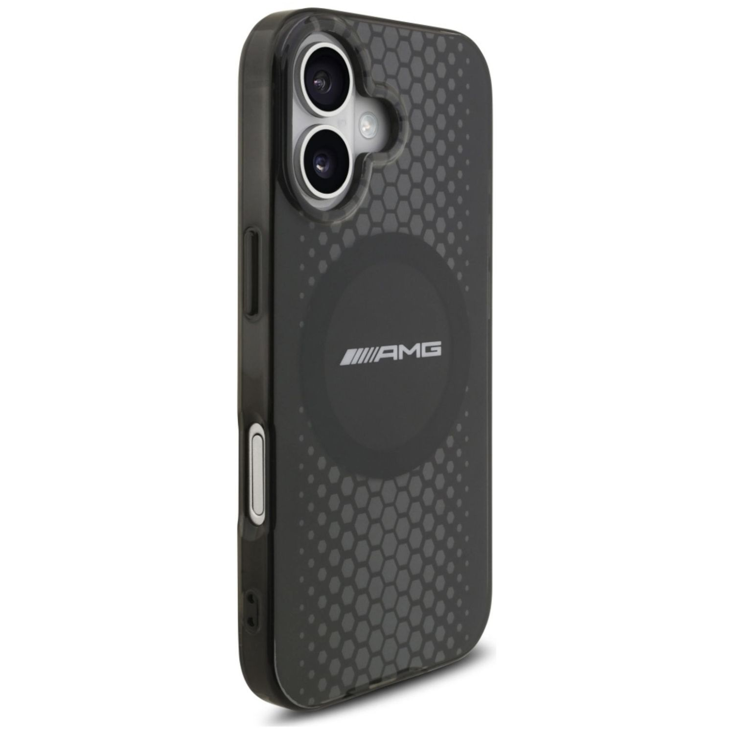 Una custodia nera per telefono con due lenti della fotocamera e il logo AMG. La custodia ha un motivo a nido d'ape, su sfondo bianco.