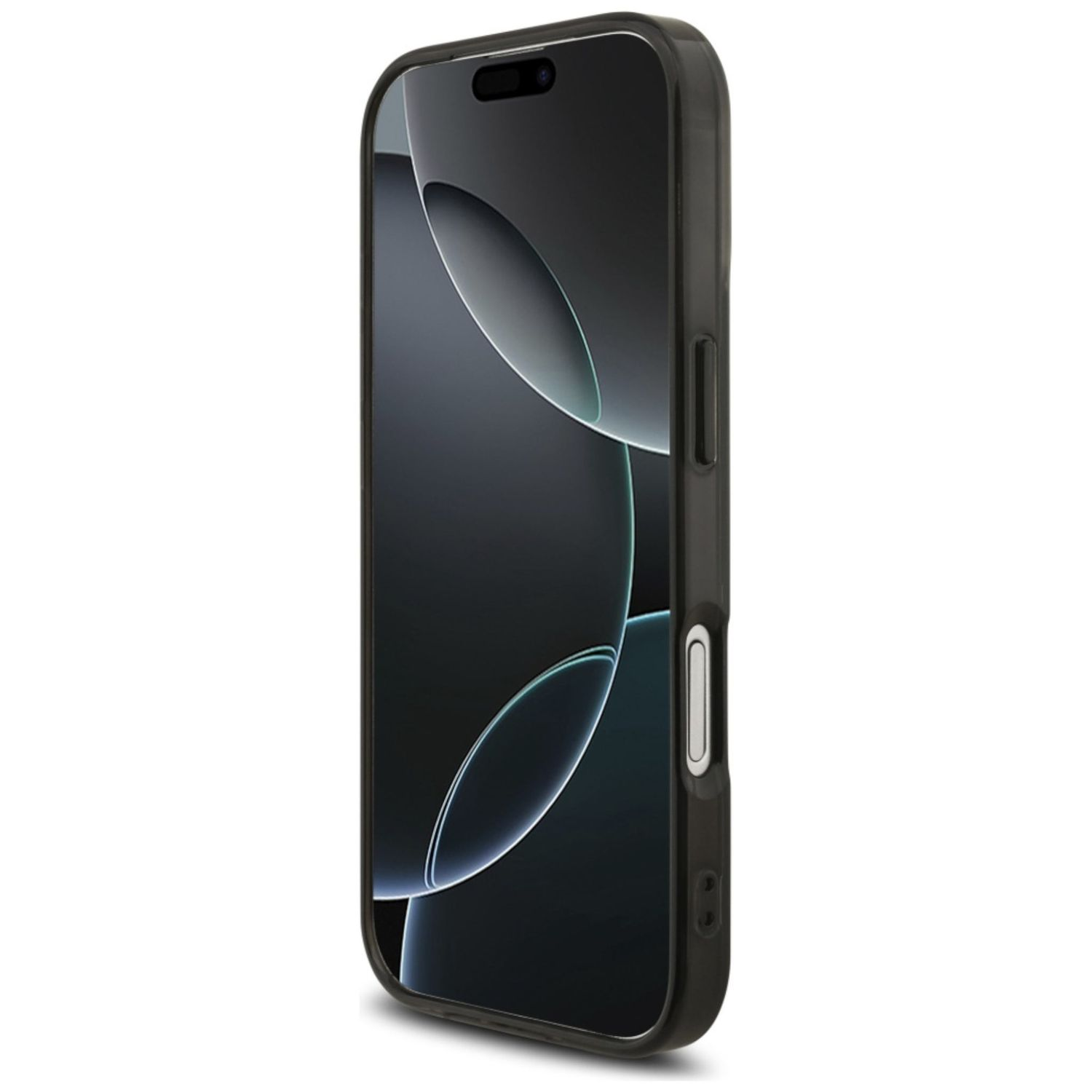 Uno smartphone nero con una custodia protettiva. Lo schermo mostra un design scuro e astratto. Il telefono è su una superficie bianca.