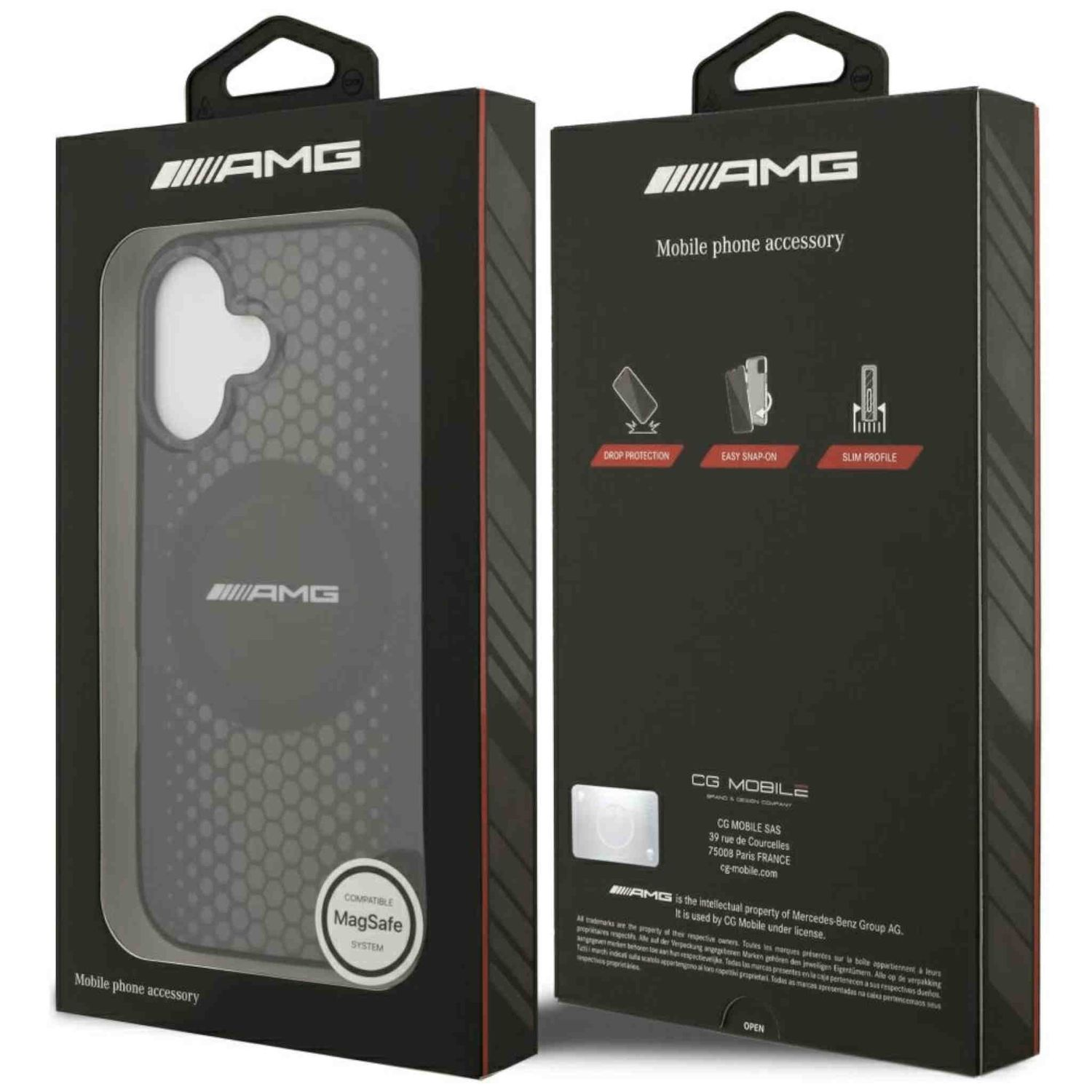 Scatola per custodia per telefono AMG. Custodia nera con sistema MagSafe, testo e logo. Mostra protezione dalle cadute, facile aggancio e profilo sottile.