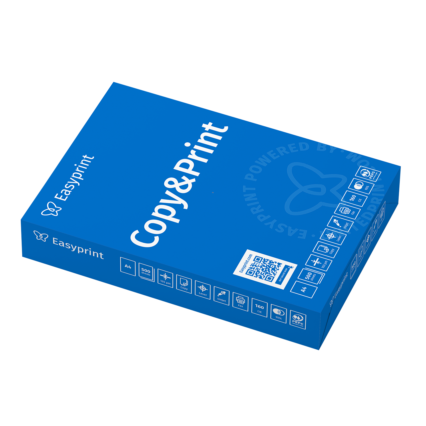 Eine blaue Schachtel mit Easyprint Copy&Print Papier. Sie enthält den Markennamen, Produktdetails und einen QR-Code für Online-Käufe. A4-Format.